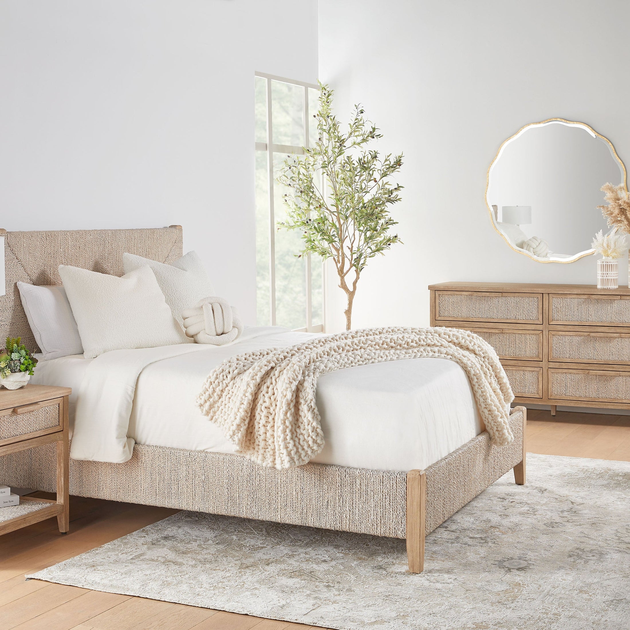 Malay Standard King Bed with white-washed abaca rope and natural gray mahogany frame by Essentials for Living