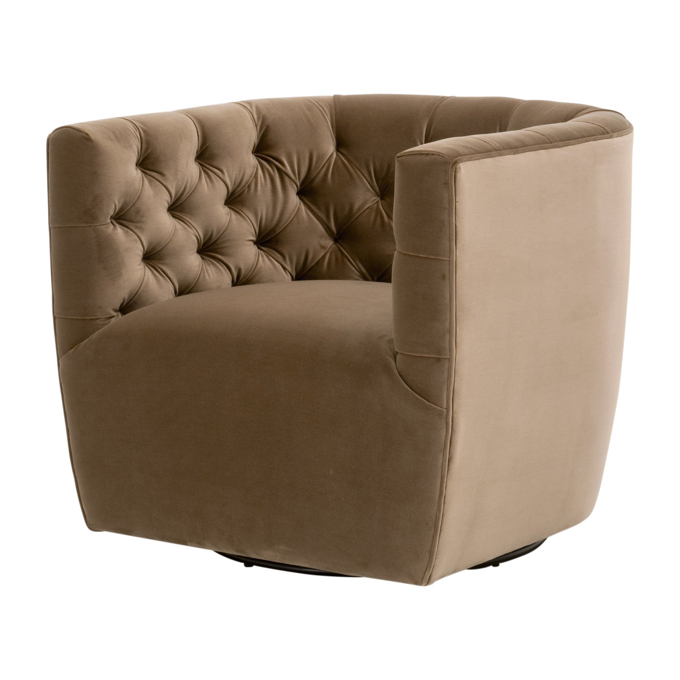 Marcel Swivel Club Chair in caramel velvet with tufted back and swivel base by Essentials for Living