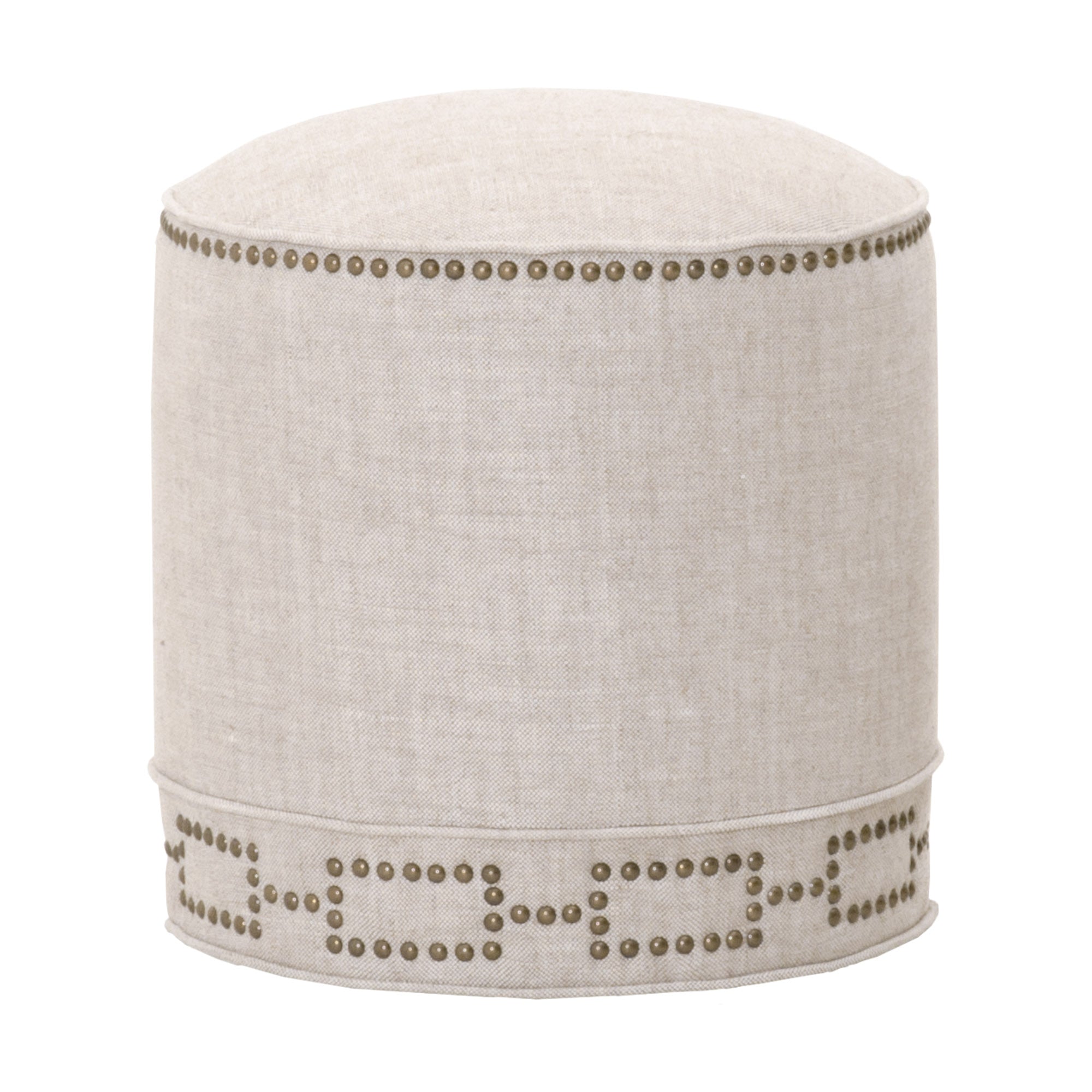 Marlow Ottoman in bisque linen with gold nailhead trim, compact seating and accent table by Essentials for Living
