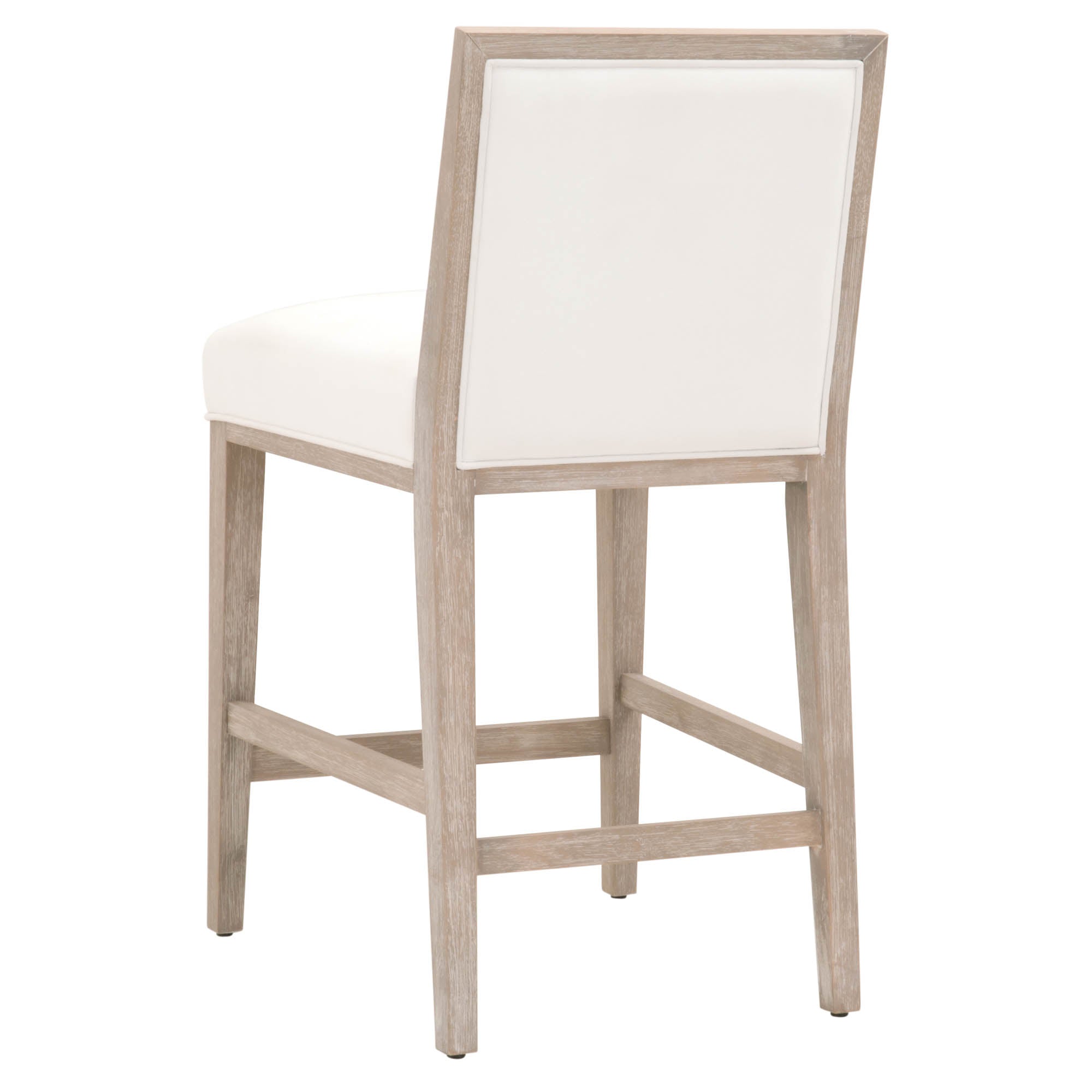 Essentials For Living Martin Counter Stool with white upholstered seat and natural gray solid wood frame, back view.