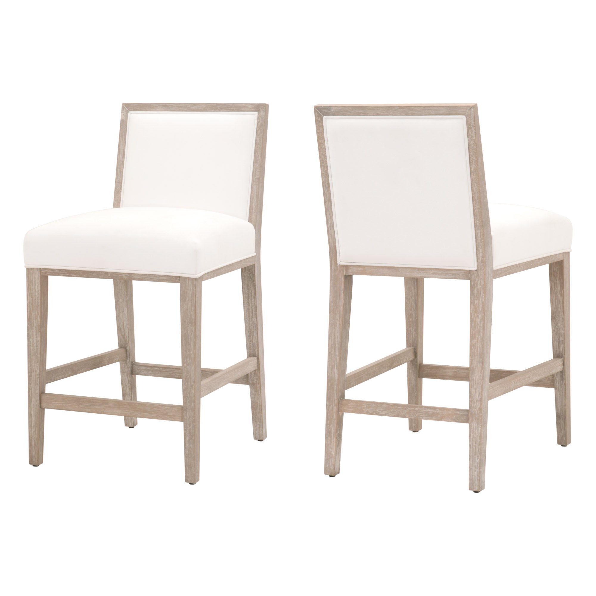 Set of two Essentials For Living Martin Counter Stools with white upholstery and natural gray wood frames