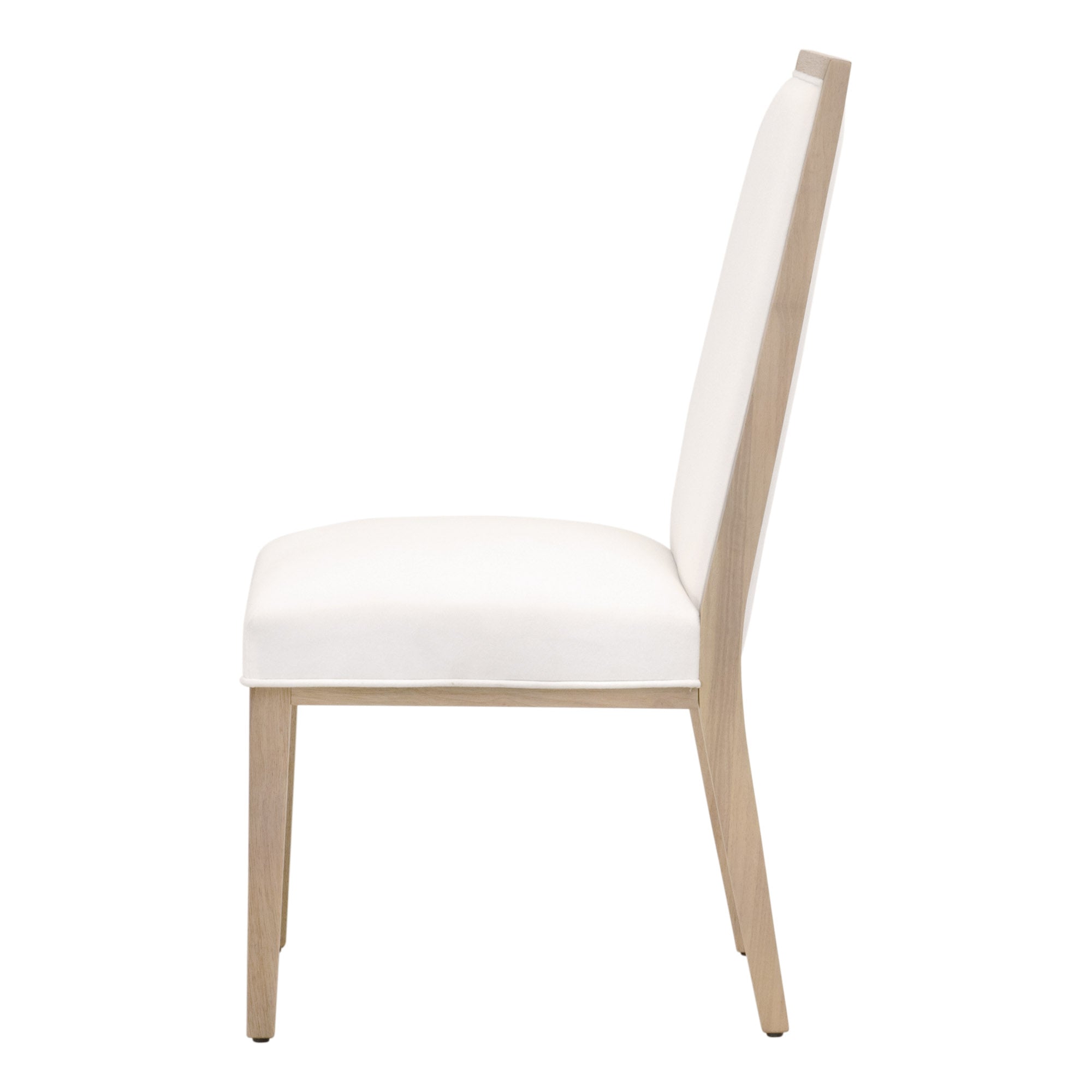 Side view of a white upholstered dining chair with natural wood frame by Essentials for Living