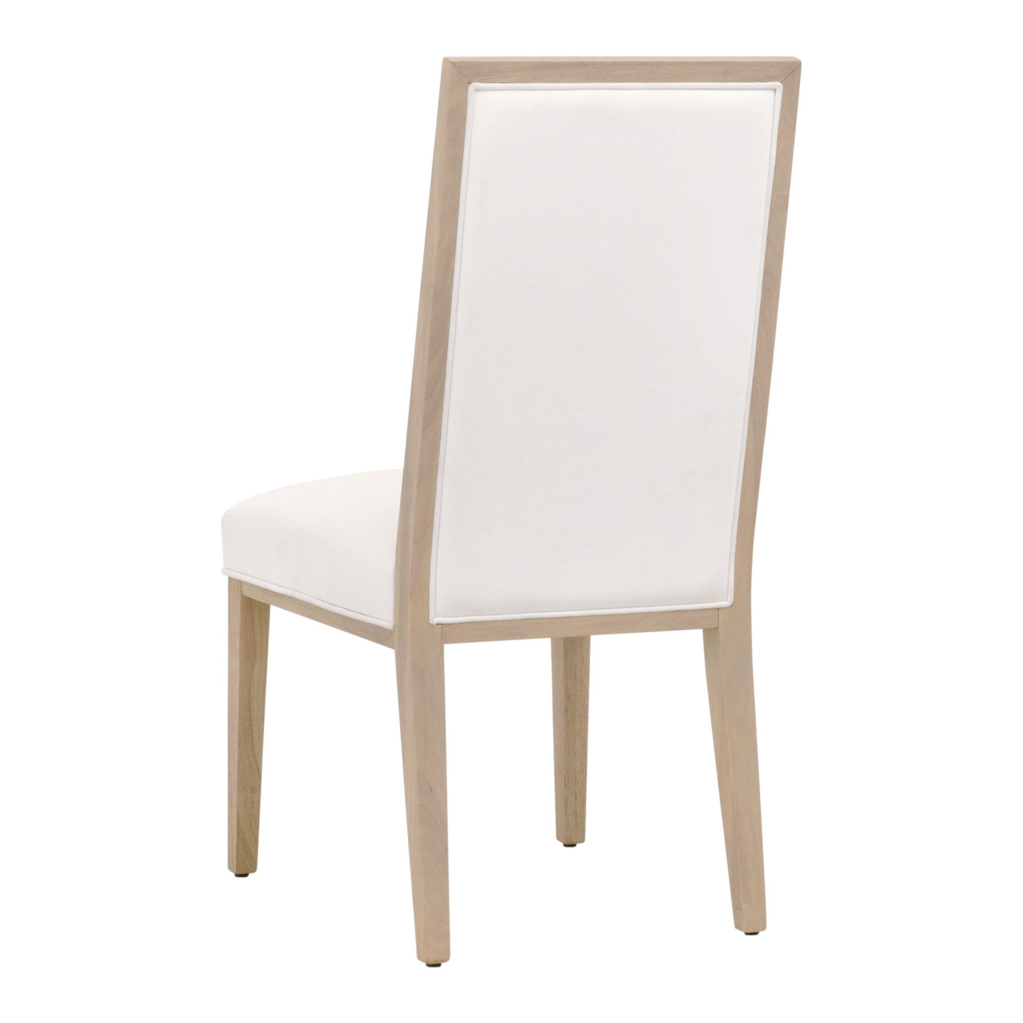 Essentials for Living dining chair with white upholstered back and seat and natural wood frame viewed from behind