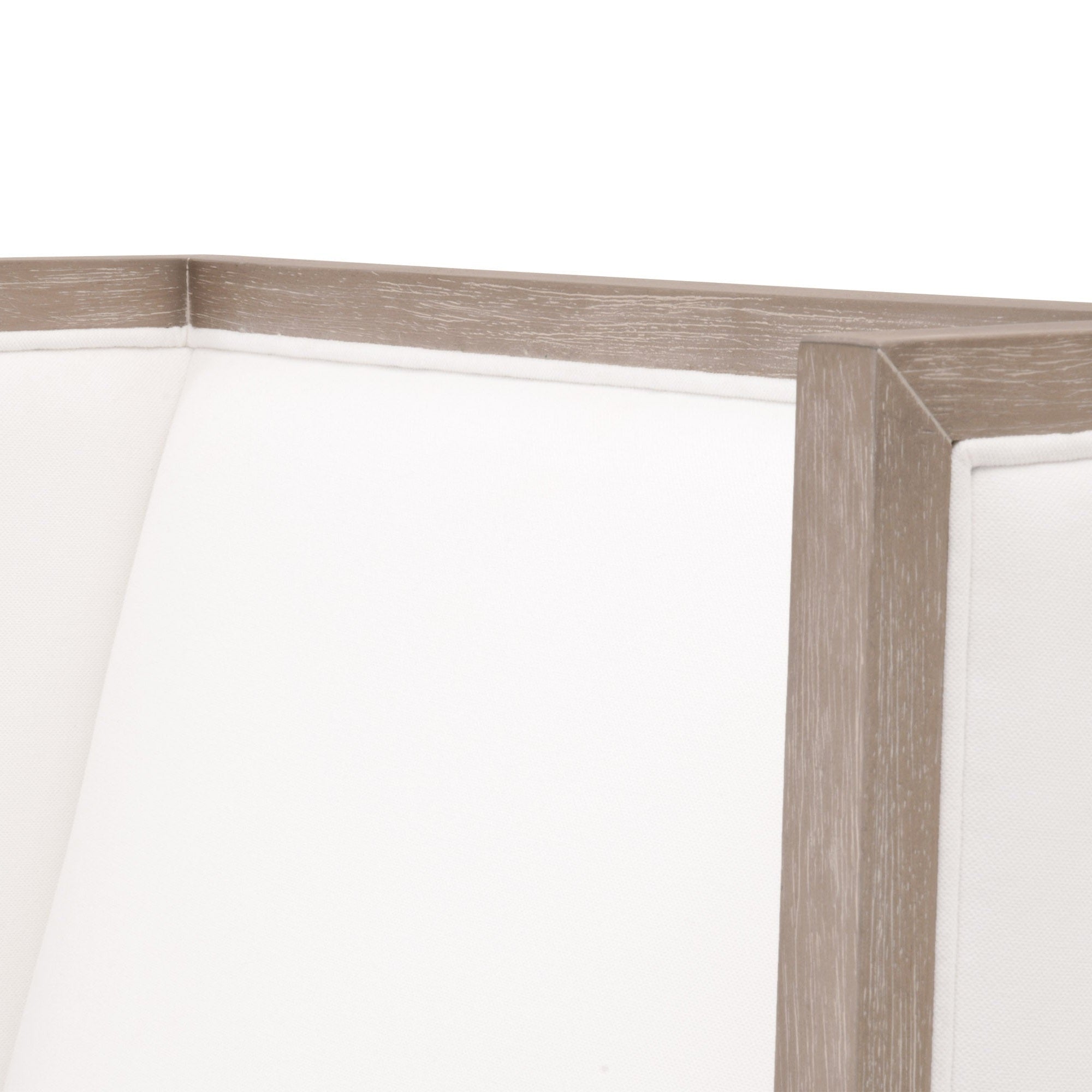 Close-up of white Peyton Pearl fabric and natural gray solid rubberwood frame on Martin Wing Chair by Essentials For Living