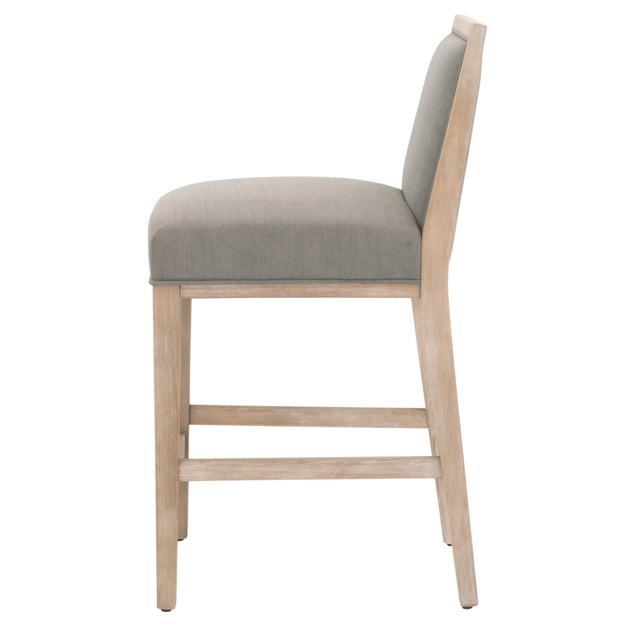 Side view of Martin Counter Stool in natural gray wood frame with slate fabric seat and back upholstery