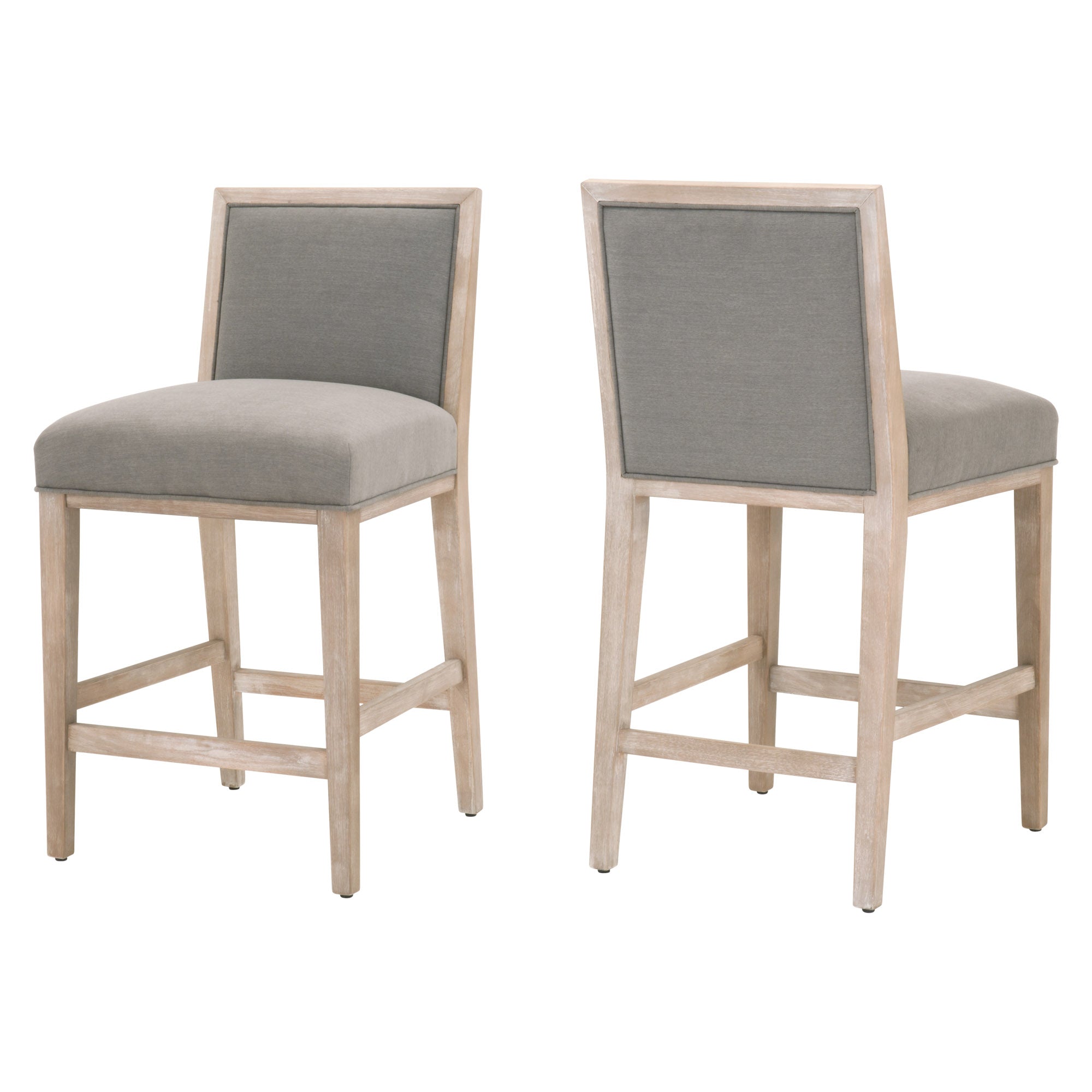 Pair of Martin Counter Stools by Essentials for Living with gray fabric seats and natural gray rubberwood frames