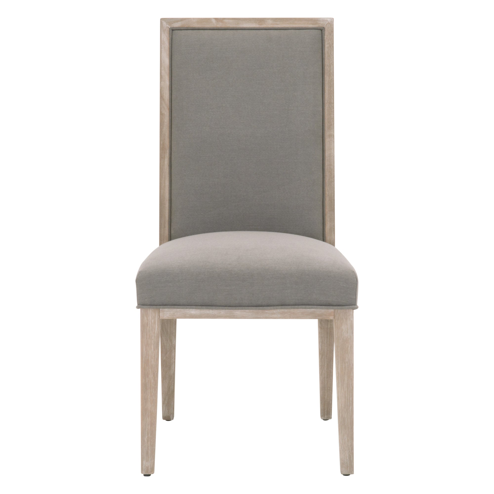 Essentials for Living Martin dining chair with gray fabric upholstery and natural gray solid rubberwood frame, set of two.