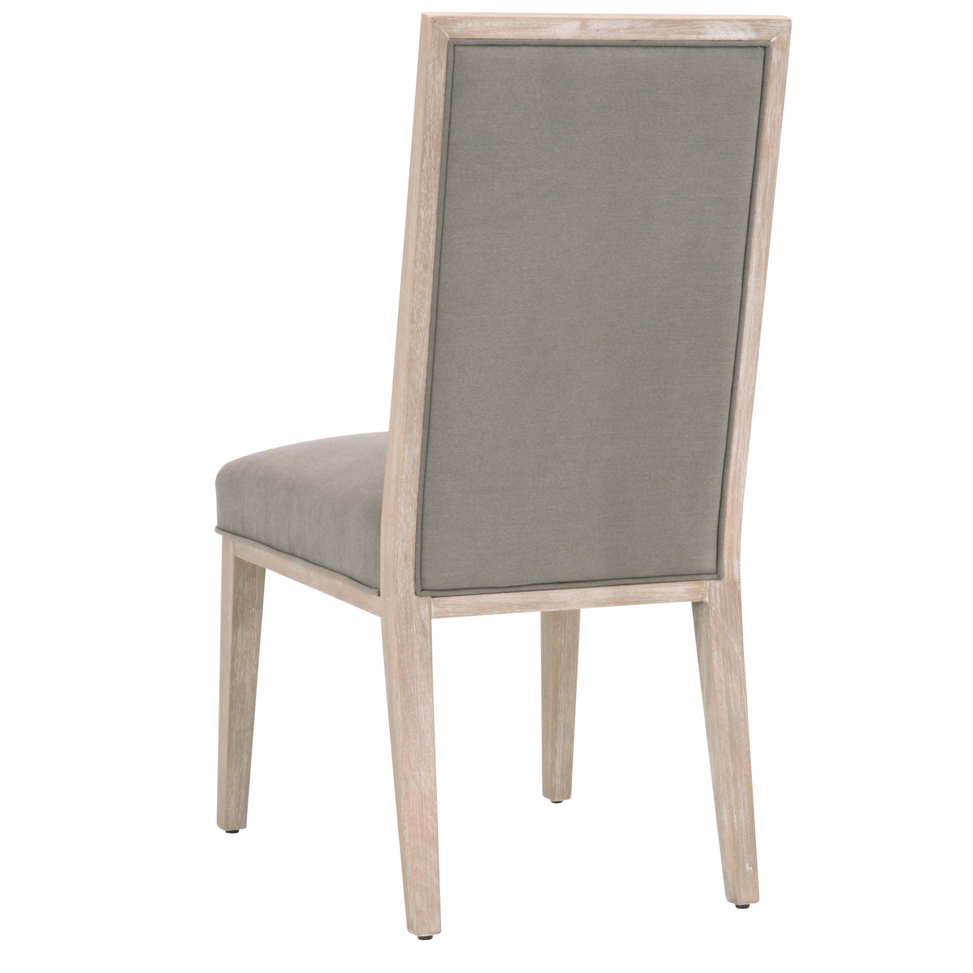 Martin Dining Chair by Essentials for Living with gray upholstered seat and natural wood frame, viewed from back angle.