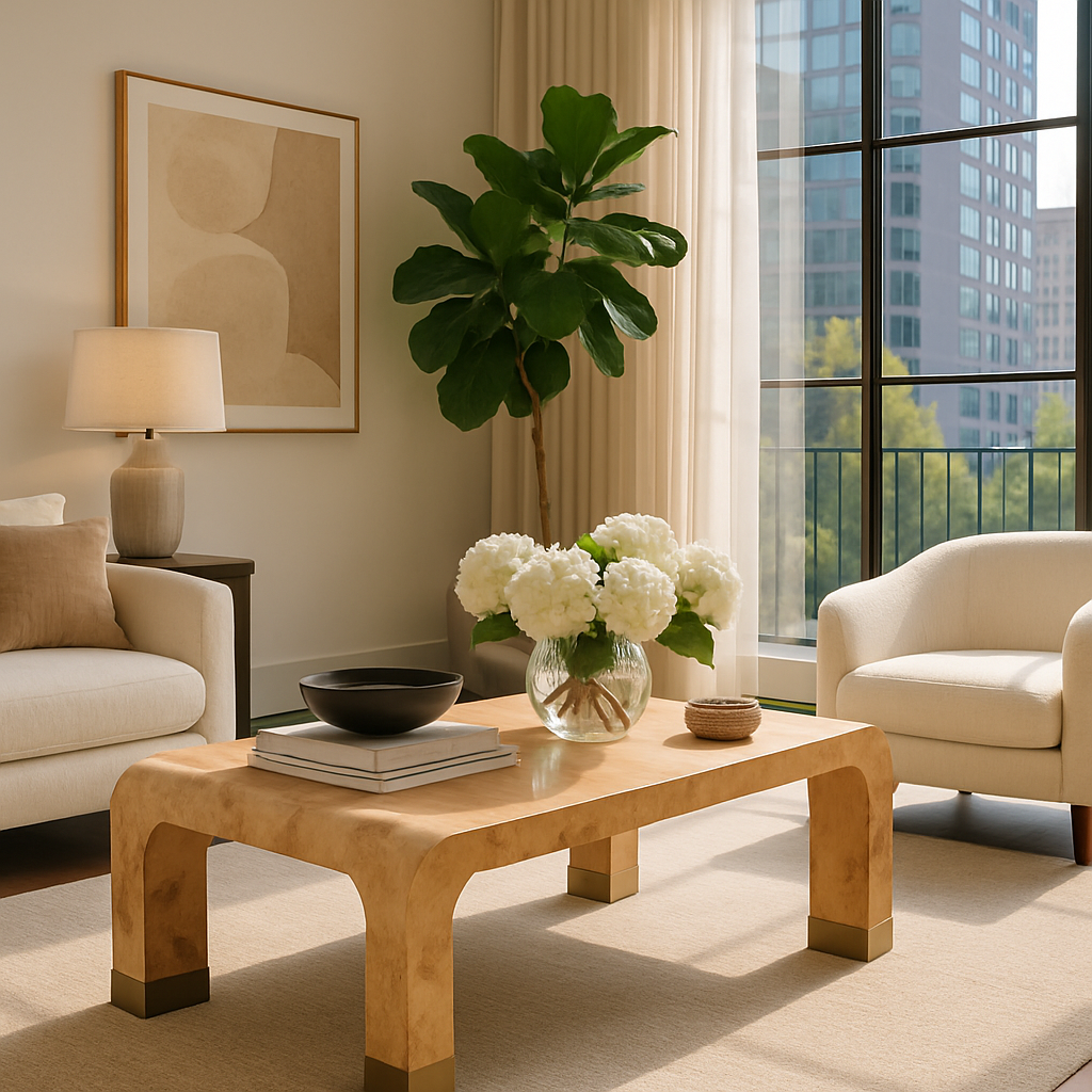 Marvin Coffee Table in 60-inch burl wood veneer with modern rectangular design