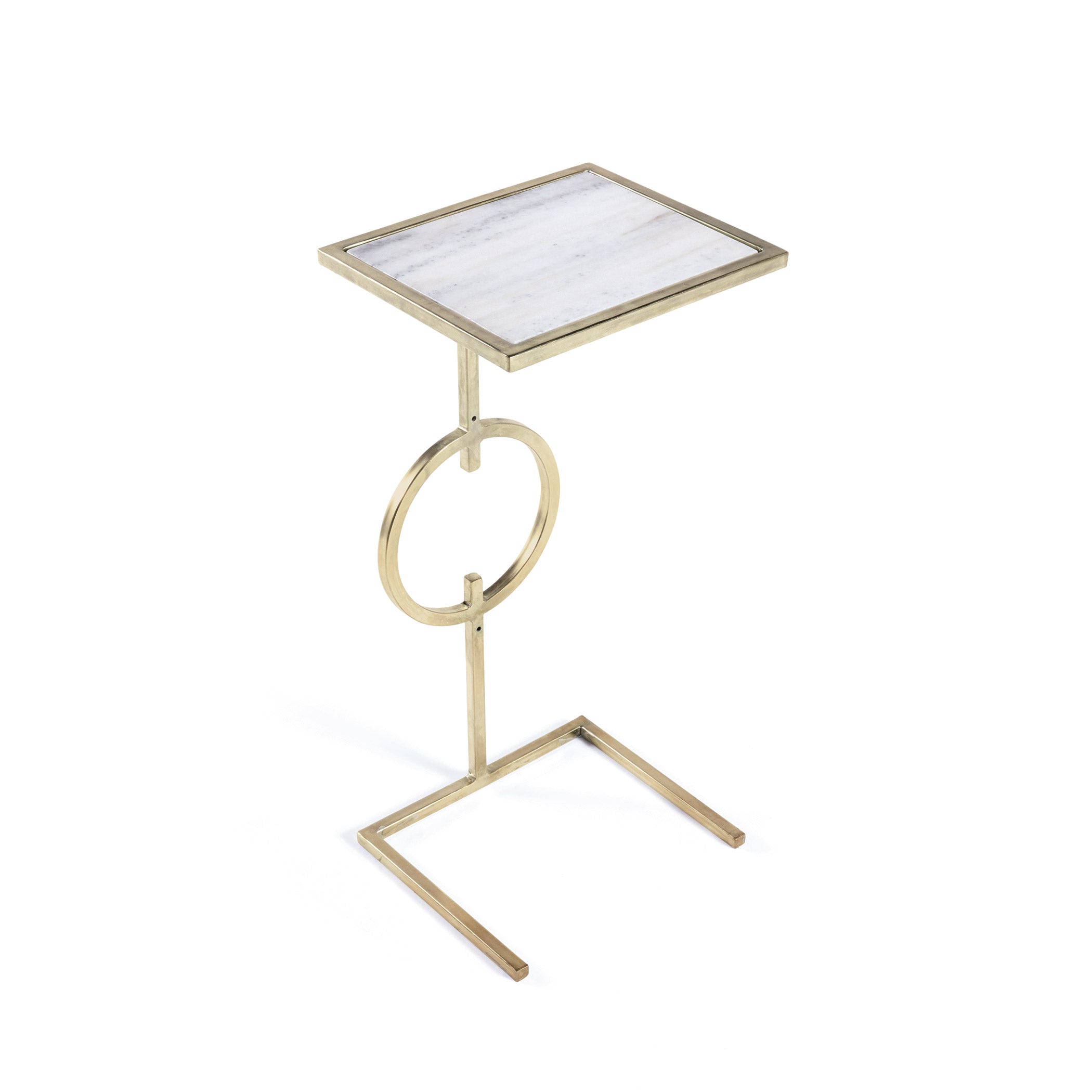 Maxine Side Table with metallic gold iron frame and white marble top, compact C-shaped design by GO HOME