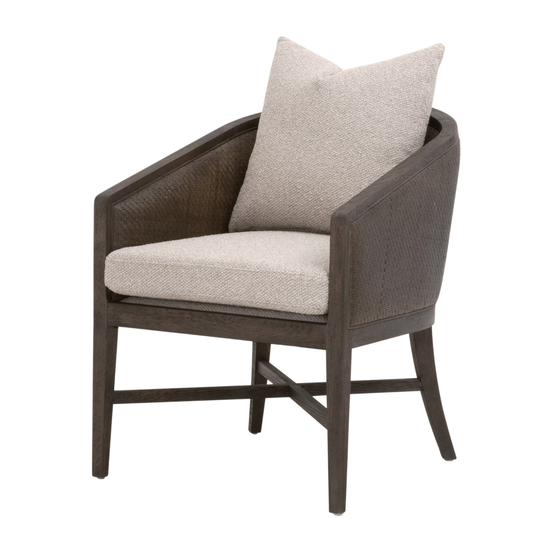Essentials For Living McGuire Arm Chair with solid oak frame and light gray upholstered seat and pillow on white background