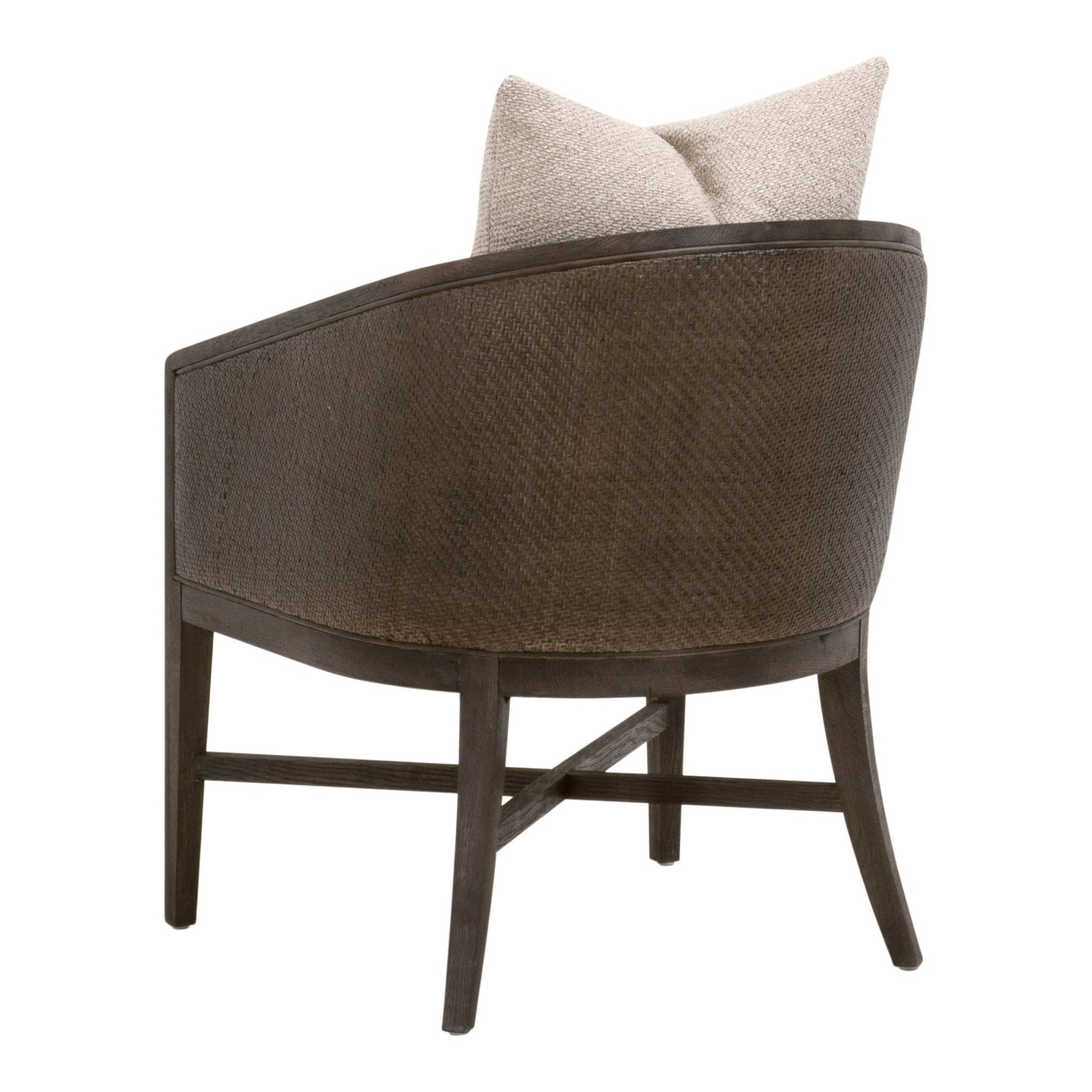 Essentials for Living McGuire Arm Chair with dark woven upholstery and wooden frame shown from the back with pillow.
