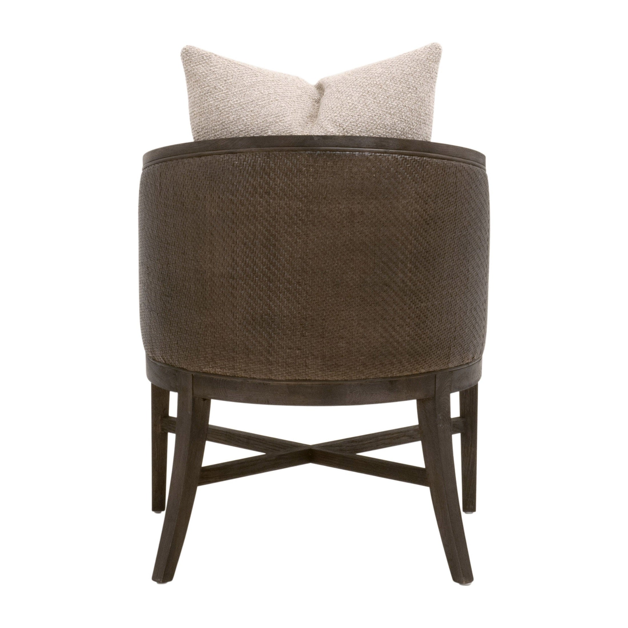 Back view of McGuire Arm Chair featuring dark wood frame, upholstery, and two beige pillows by Essentials for Living