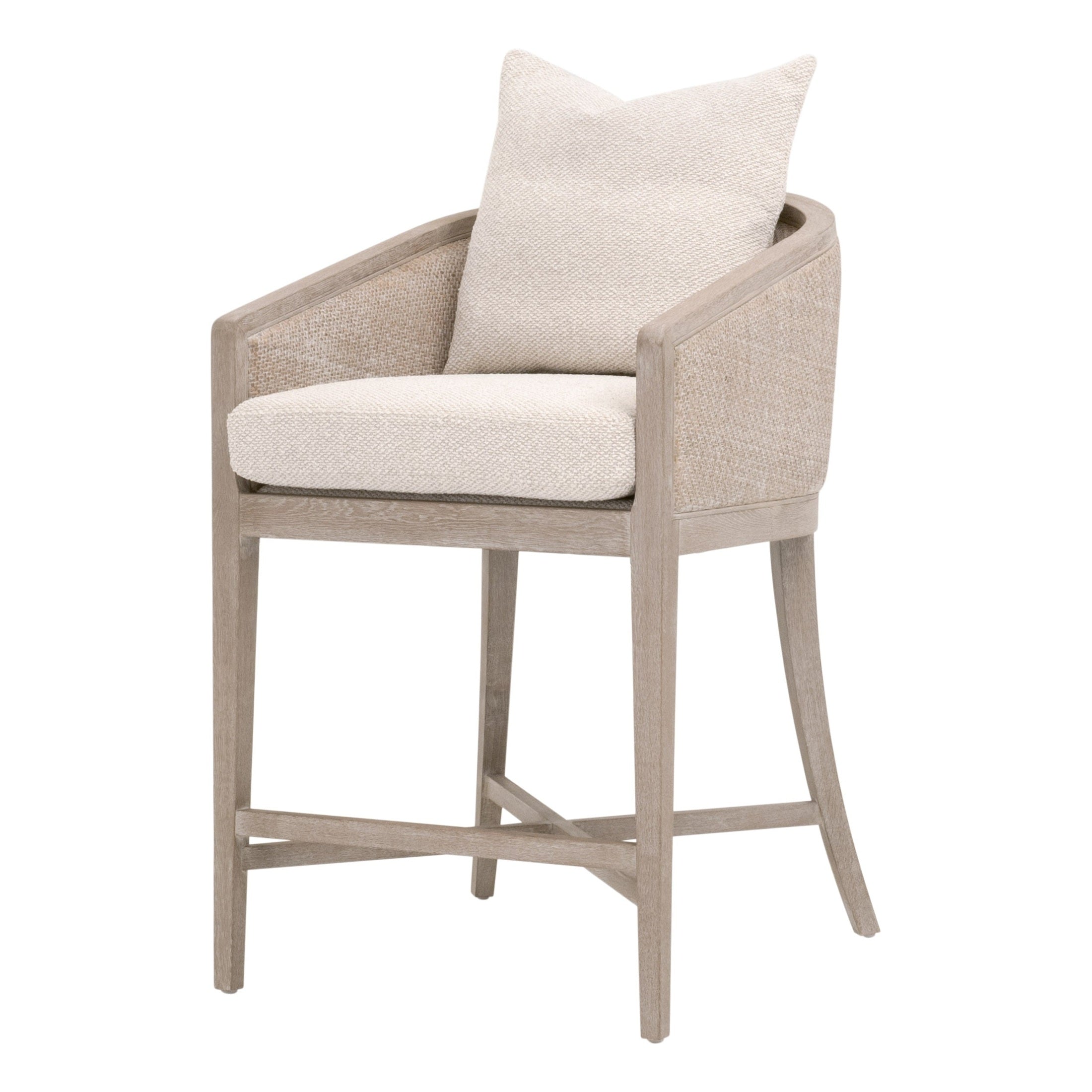 McGuire Counter Stool with natural gray rattan and linen cushion, solid oak frame by Essentials for Living