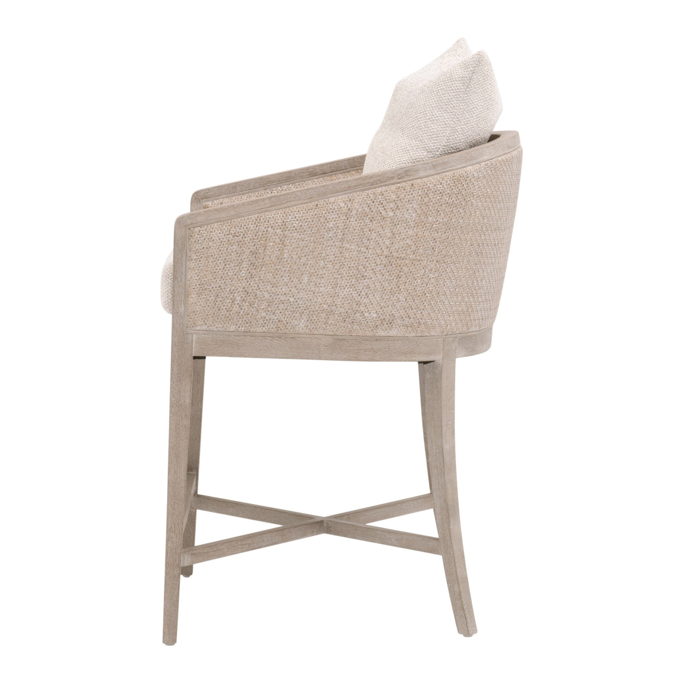 Side view of McGuire Counter Stool with natural gray rattan and cushion by Essentials for Living