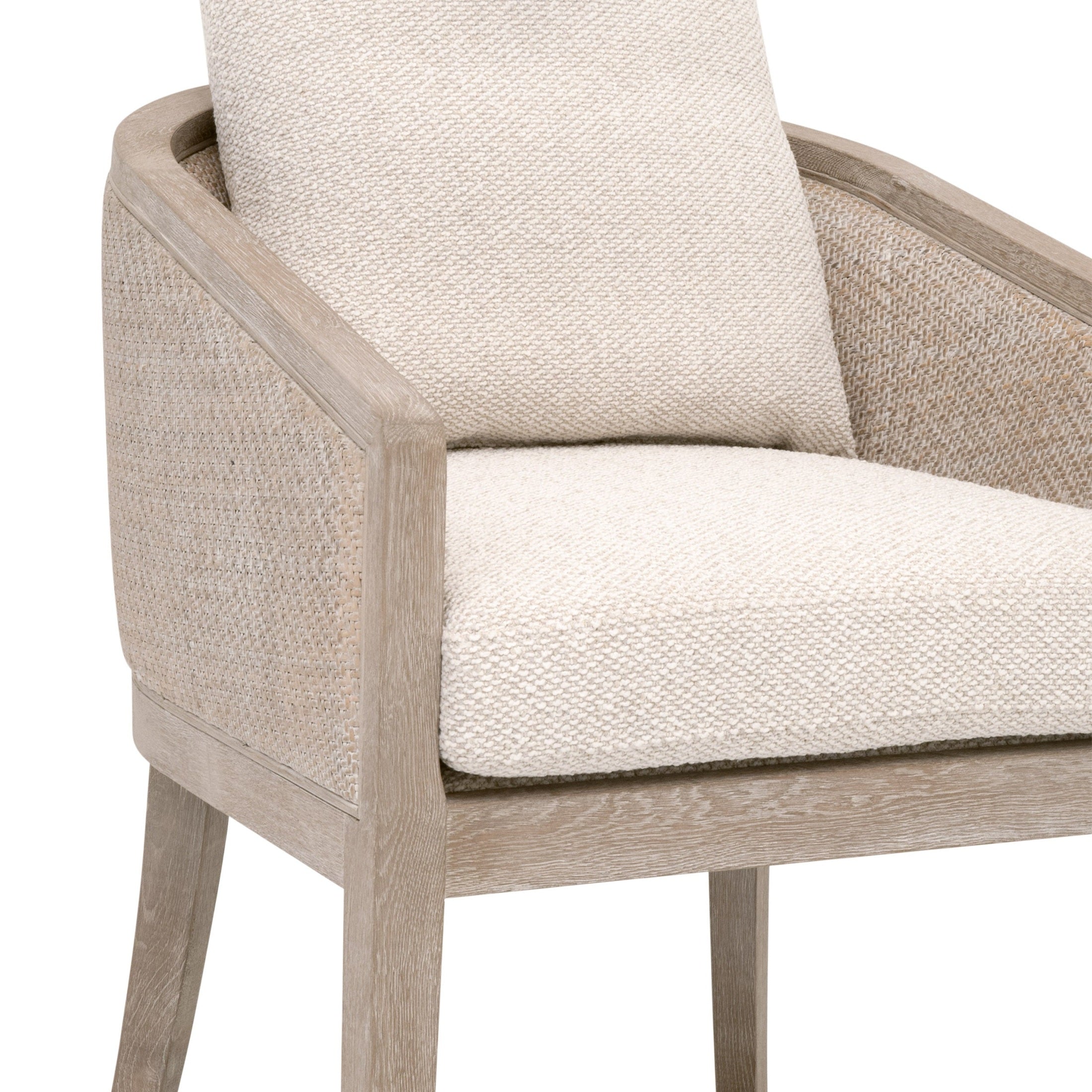 Close-up of McGuire Counter Stool with natural gray rattan and LiveSmart Gellar-Linen cushion by Essentials For Living