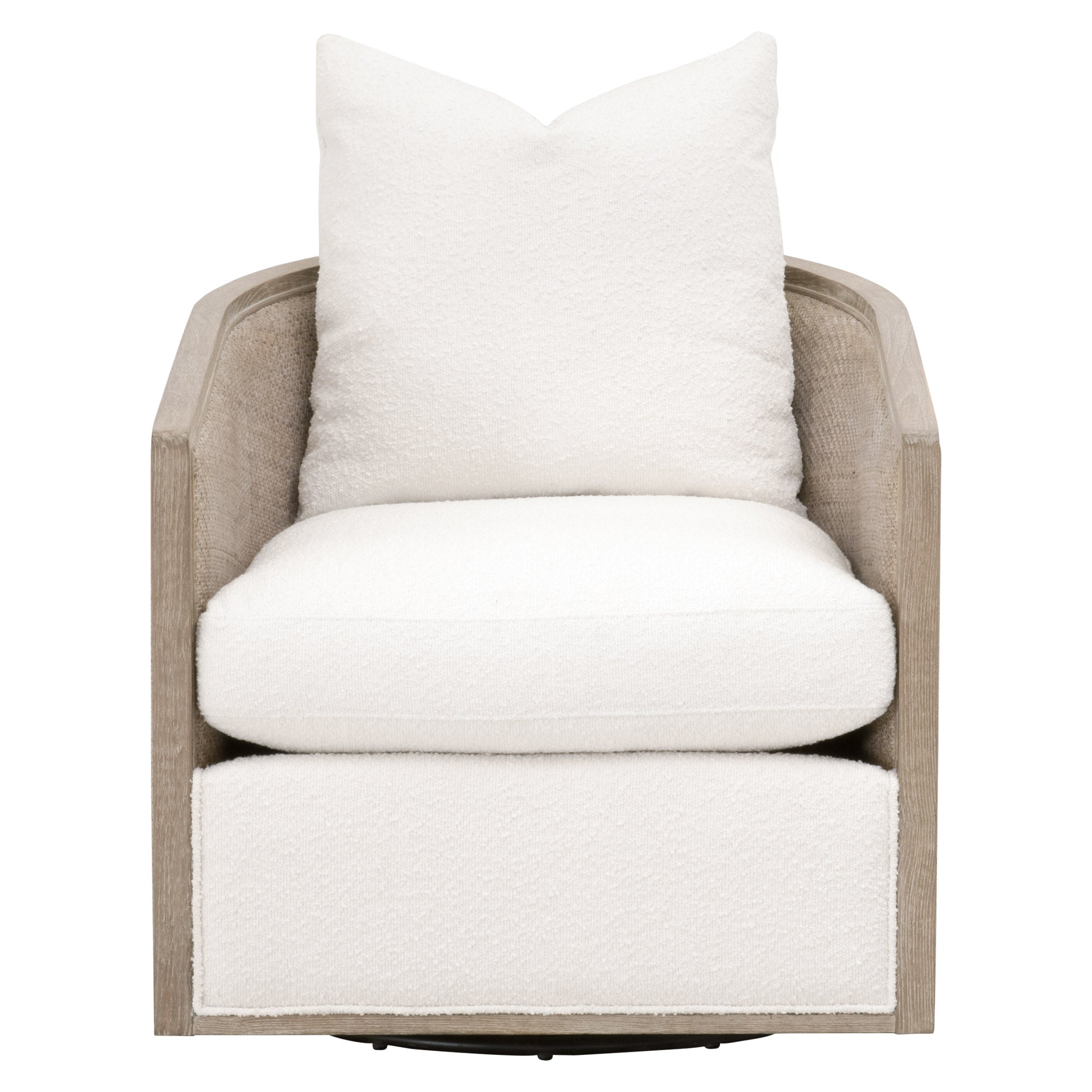 Front view of McGuire swivel club chair with white boucle upholstery and natural gray cane frame by Essentials for Living