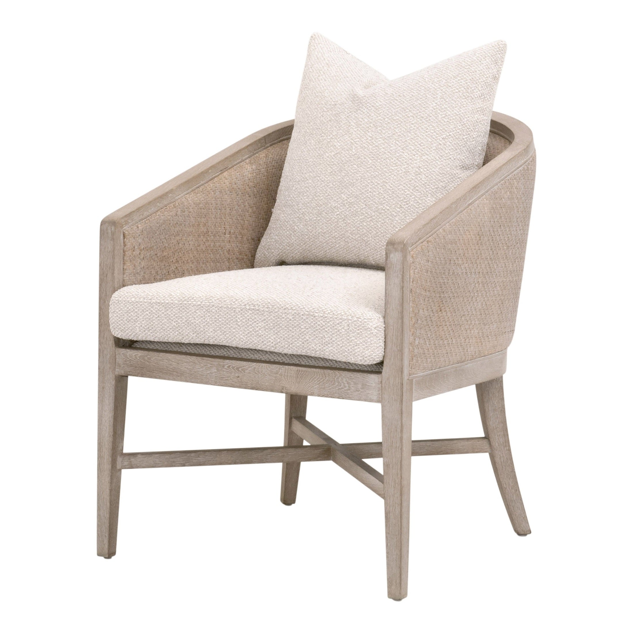 Essentials for Living McGuire Arm Chair with oak frame, gray rattan wrap, reversible cushion, and coordinating pillow.