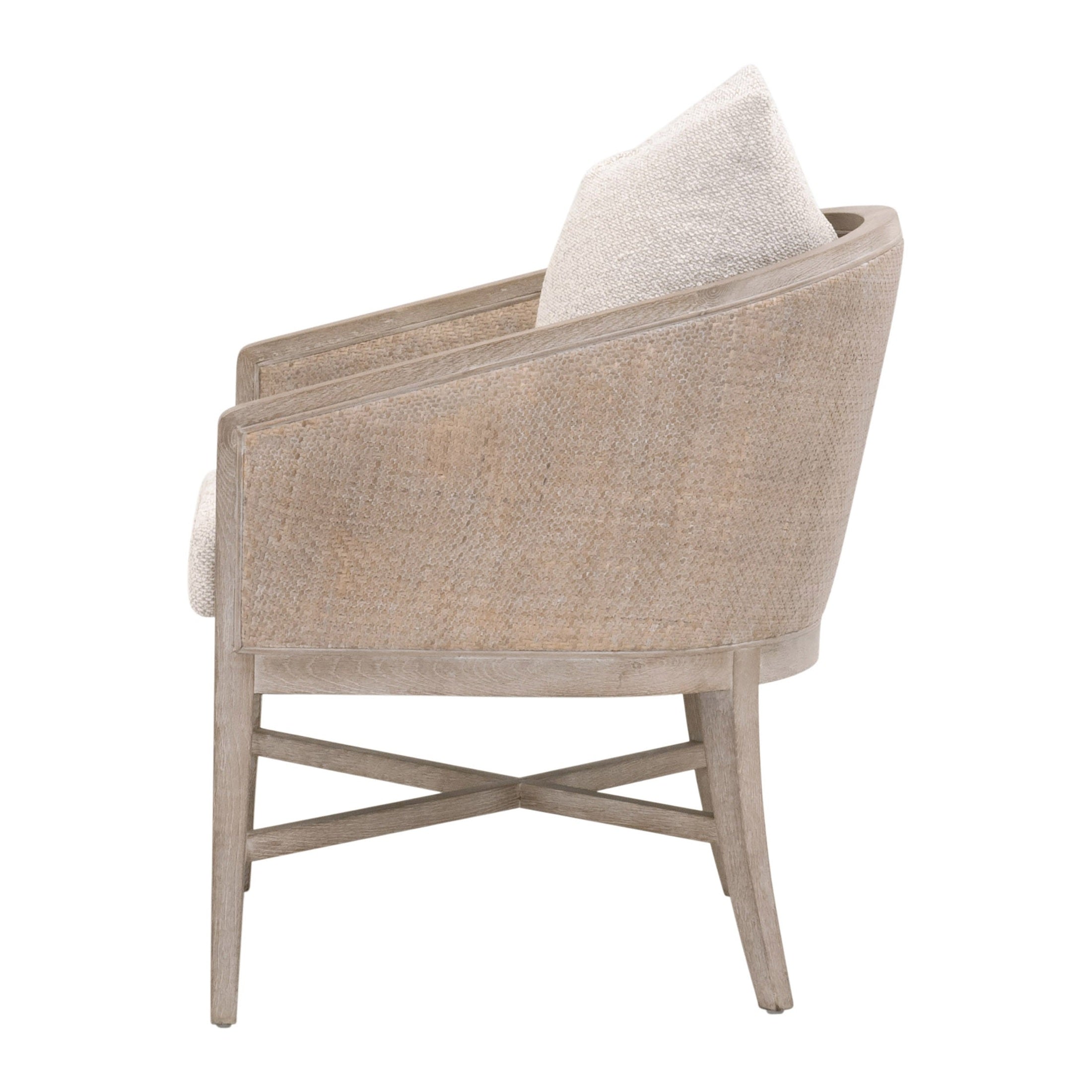 Side view of McGuire Arm Chair with natural gray rattan wrap and cushioned seat by Essentials for Living