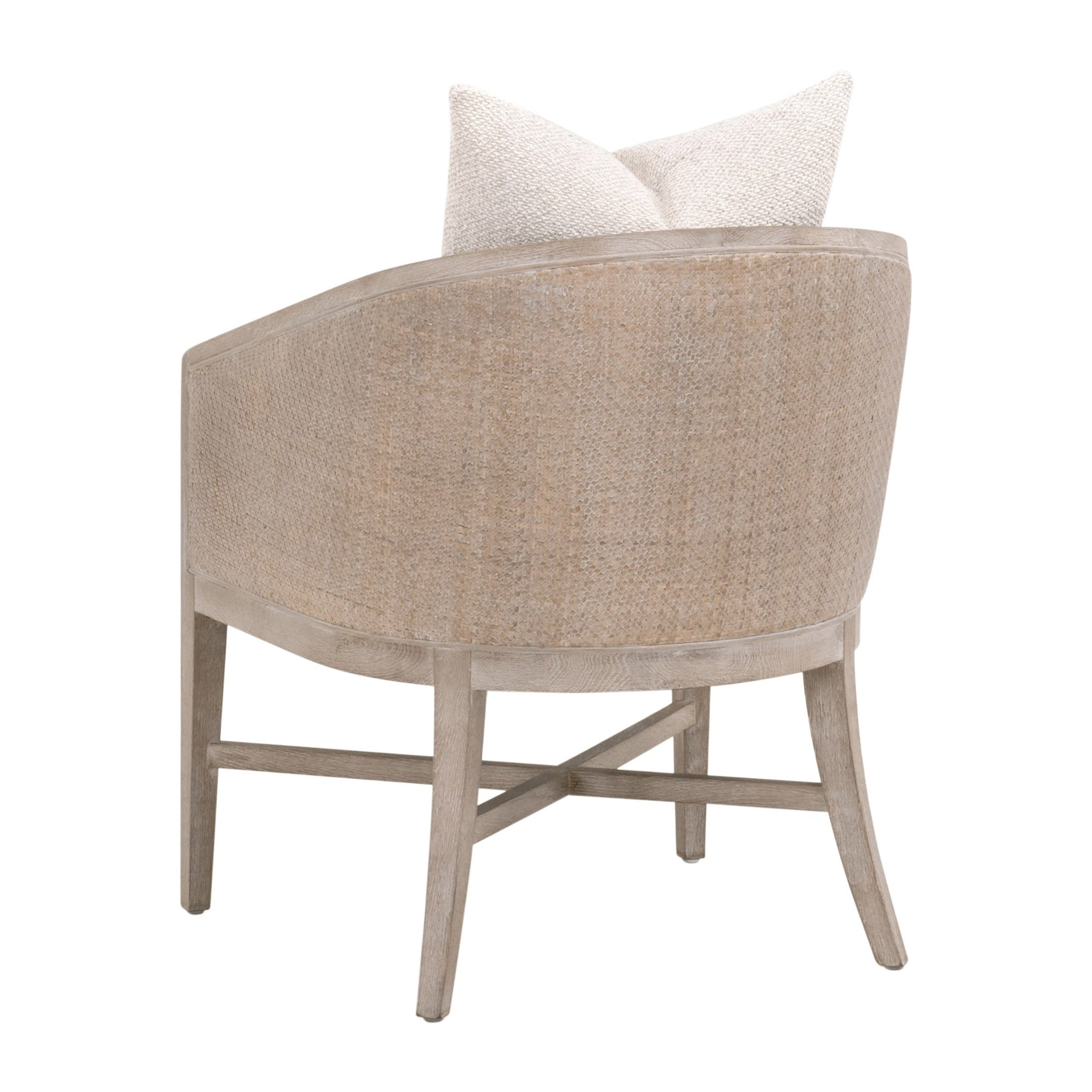 Essentials For Living McGuire Arm Chair with natural gray rattan and linen upholstery, featuring an X-stretcher base and plush cushions