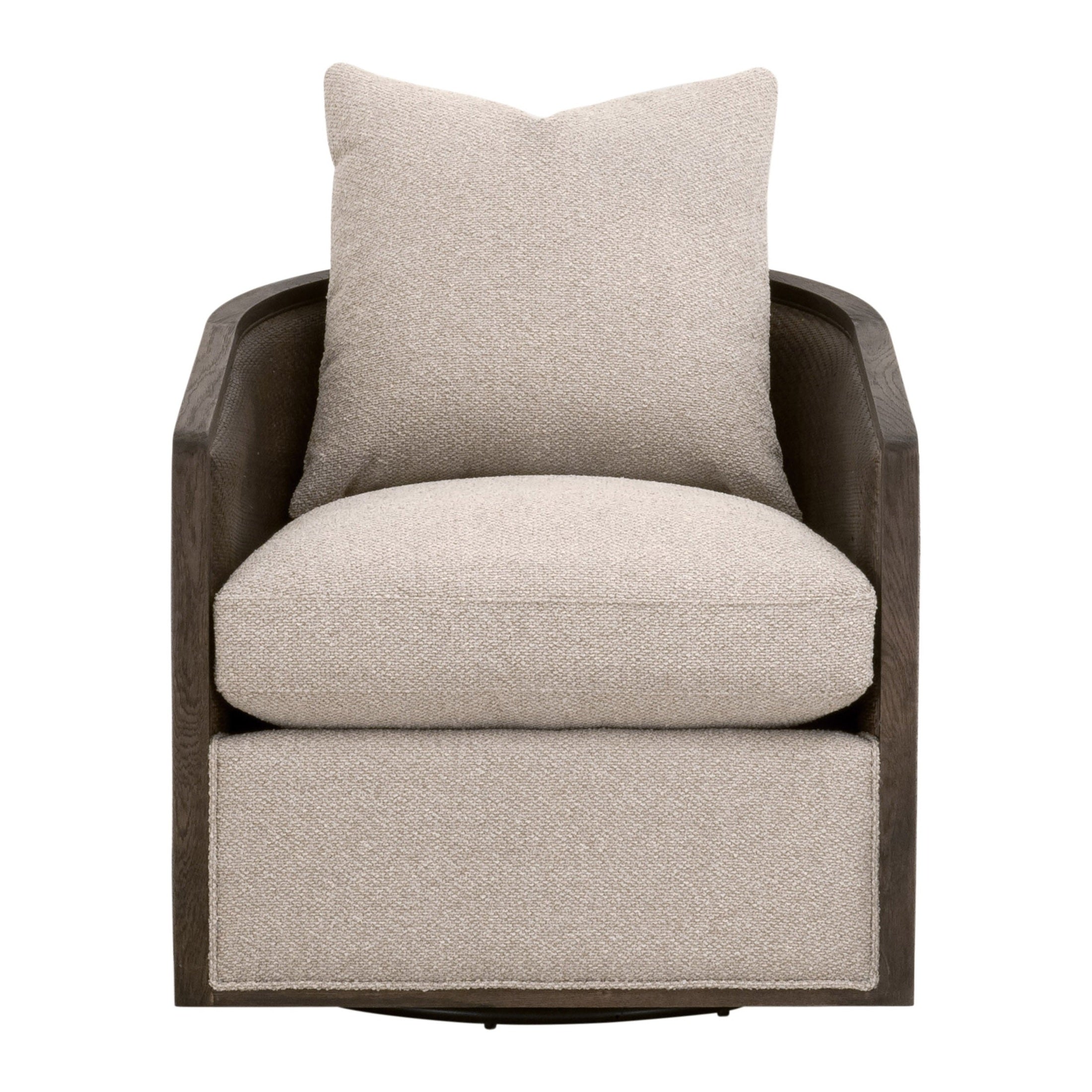 Essentials For Living McGuire Swivel Club Chair with beige boucle cushion and dark wood frame on swivel base