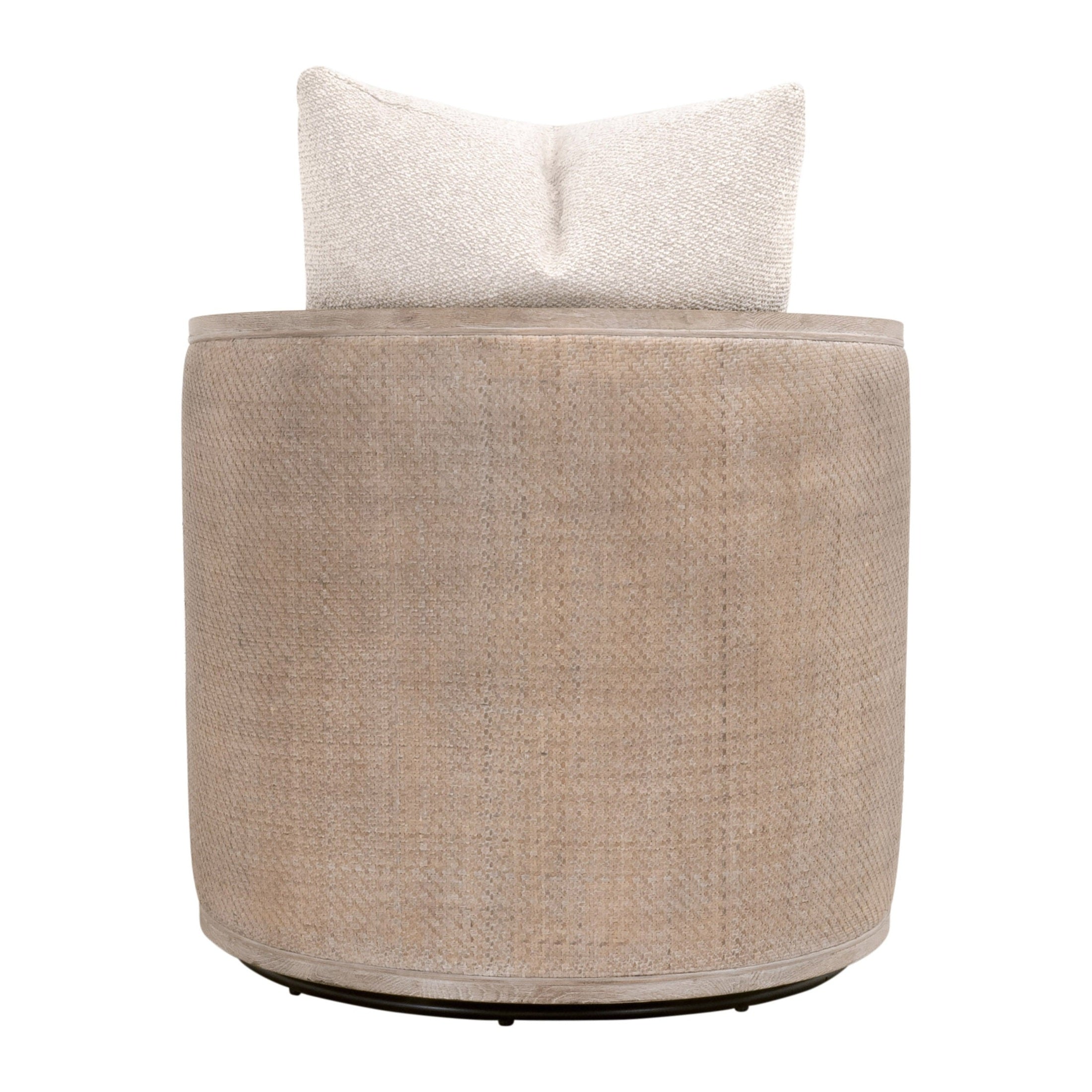 Back view of McGuire Swivel Club Chair with natural gray cane and snow boucle cushion by Essentials For Living