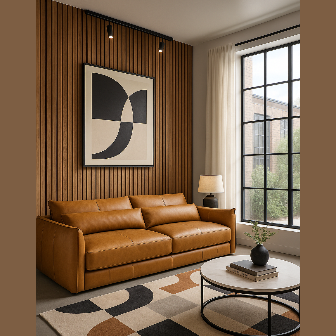 McKay Sofa - 96" in tan leather-style upholstery with teakwood legs in modern living room by GO HOME