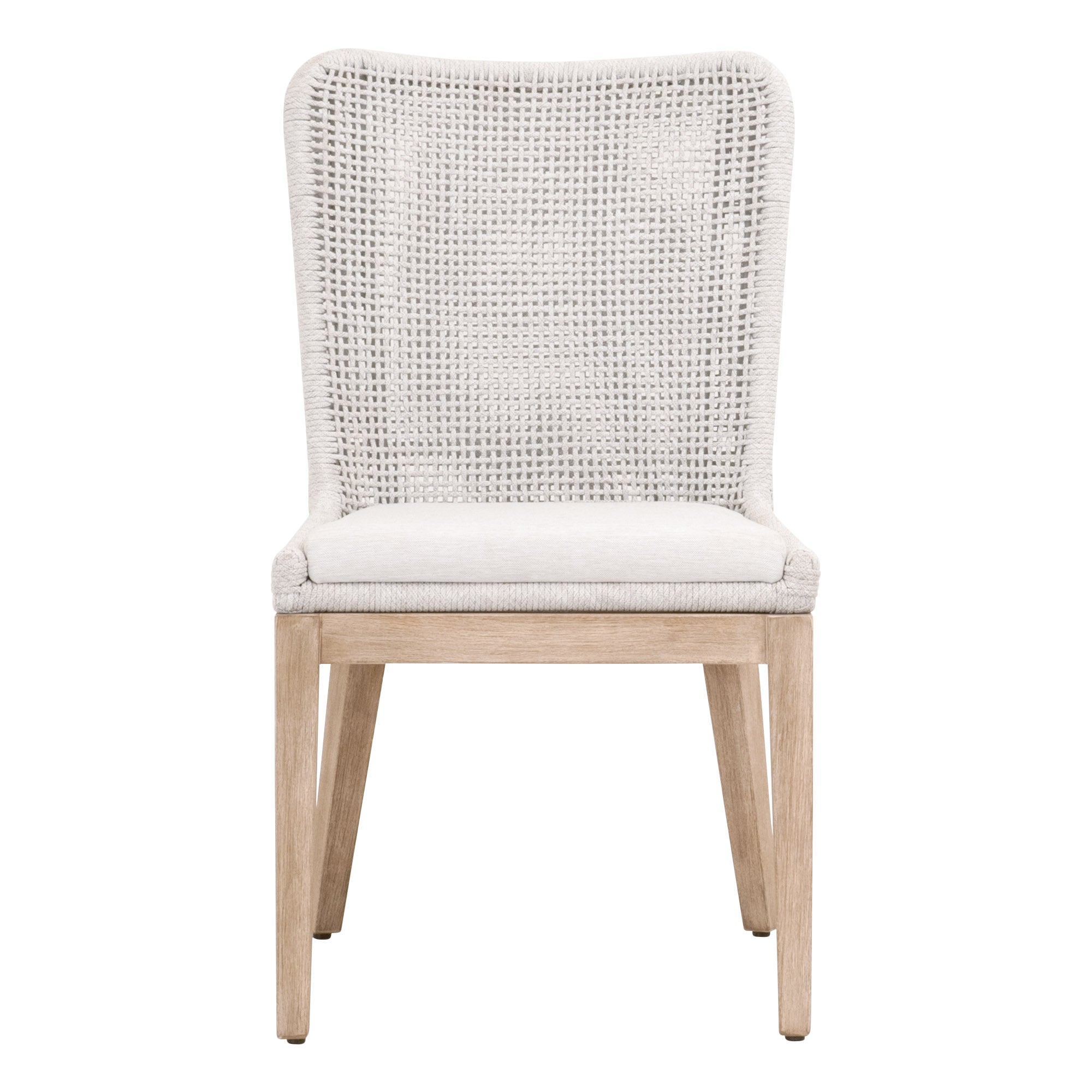 Mesh Outdoor Dining Chair with taupe and white rope, pumice cushion, and gray teak frame, Essentials for Living
