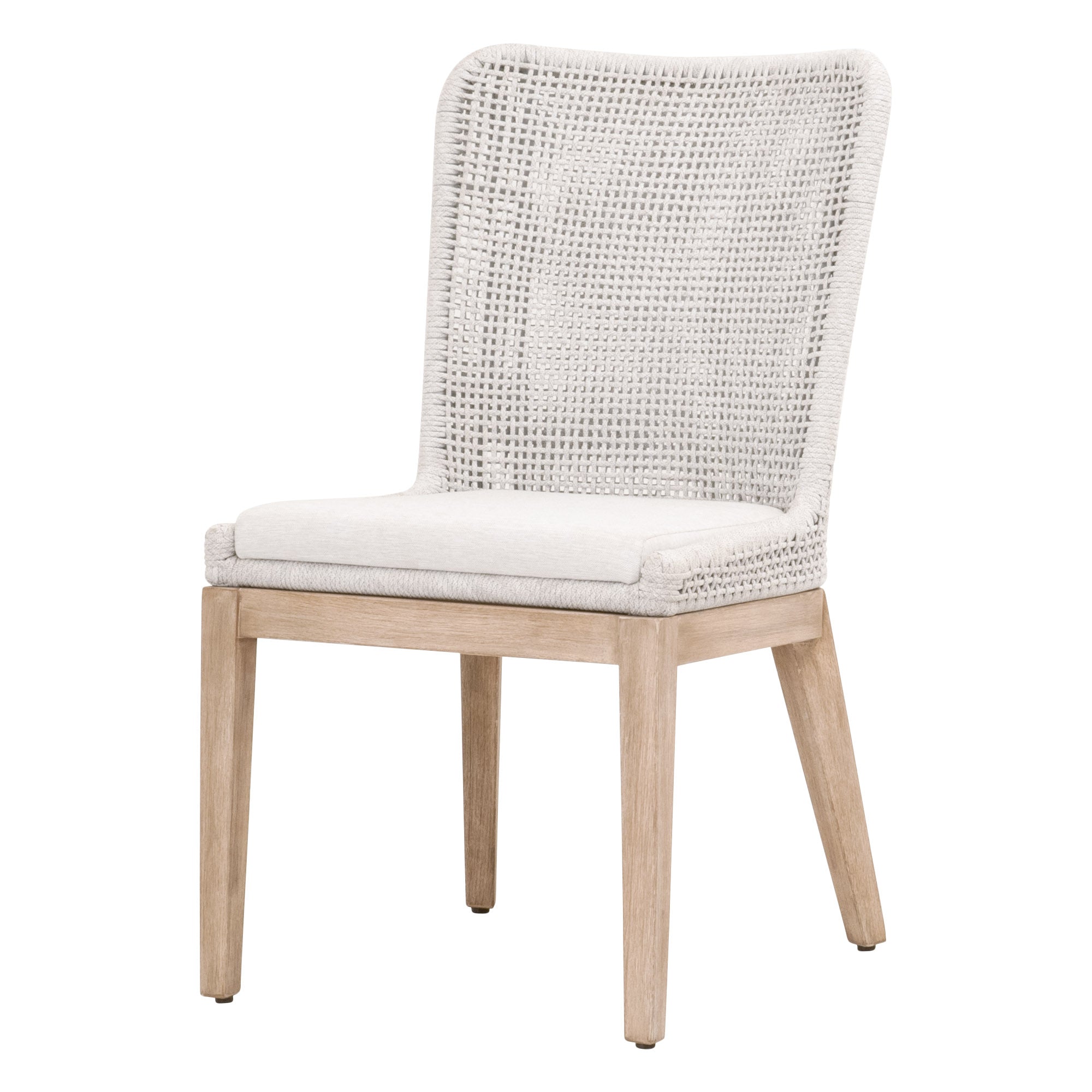 Mesh Dining Chair with white speckle rope and cushions, natural gray mahogany frame, by Essentials for Living
