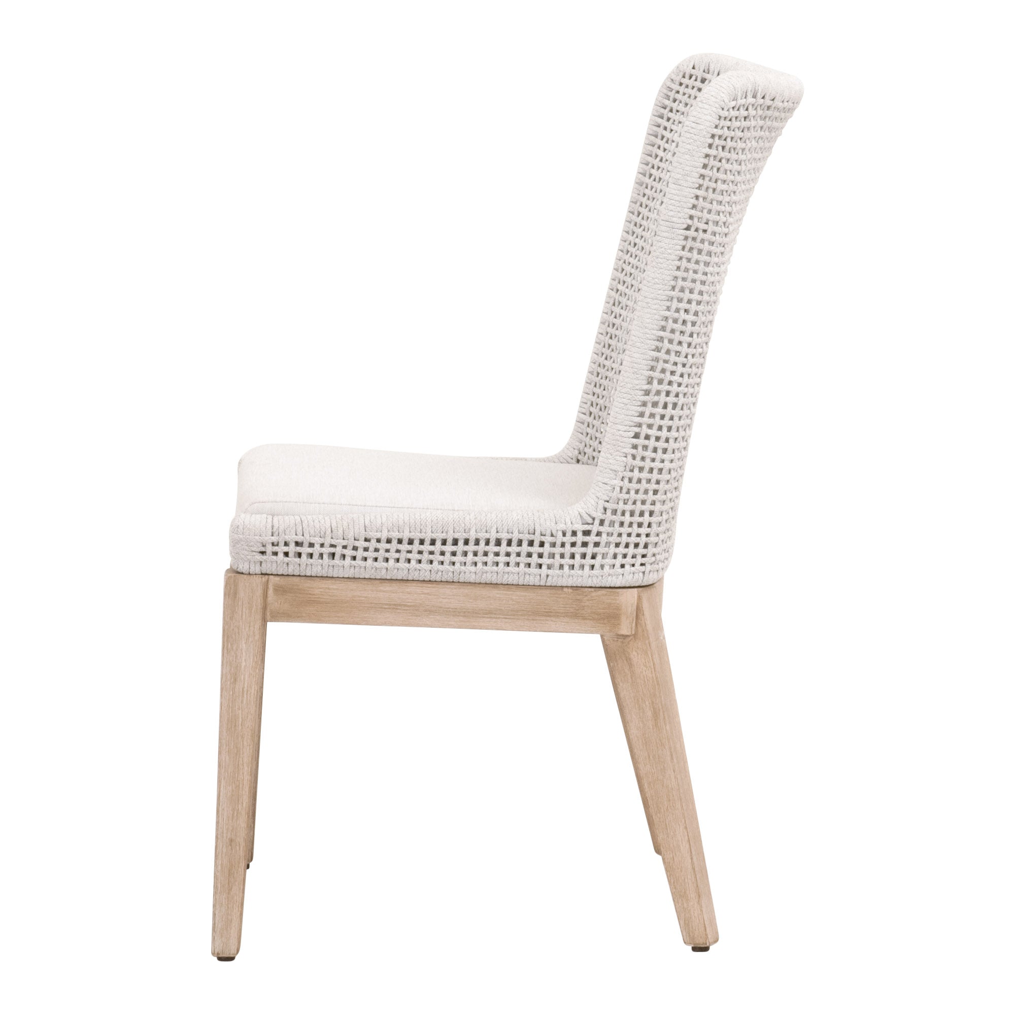 Mesh Dining Chair side view with white-speckle rope and natural gray mahogany frame by Essentials for Living