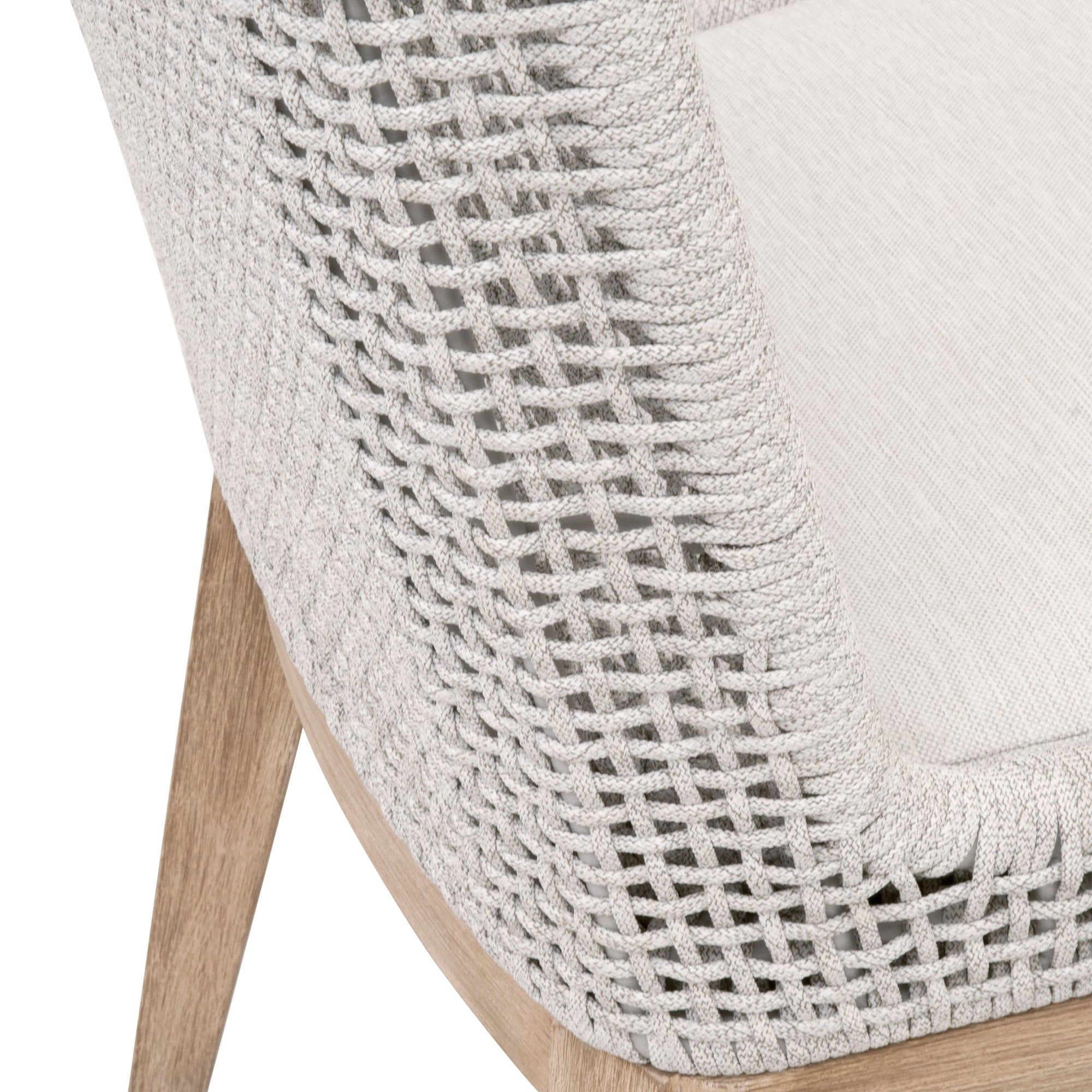 Close-up detail of Mesh Dining Chair white-speckle rope handwoven mesh and cushion by Essentials for Living