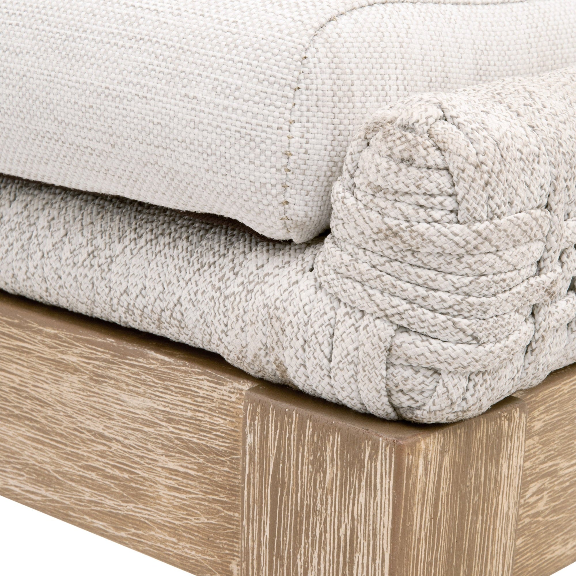 Close-up of pumice cushion and taupe white woven rope on gray teak frame Mesh Outdoor Dining Chair, Set of 2 Essentials For Living