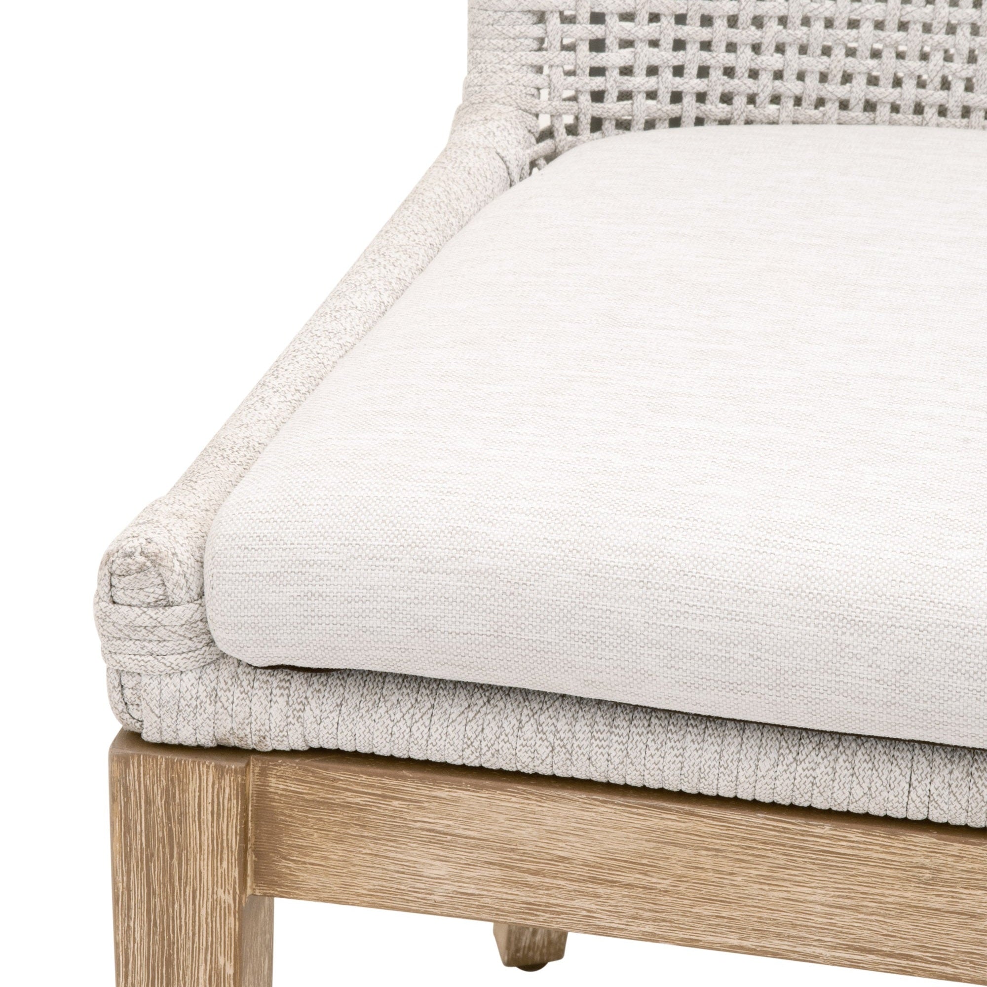 Close-up of Mesh Dining Chair cushioned seat with white-speckle rope and natural gray wood frame, Essentials For Living.