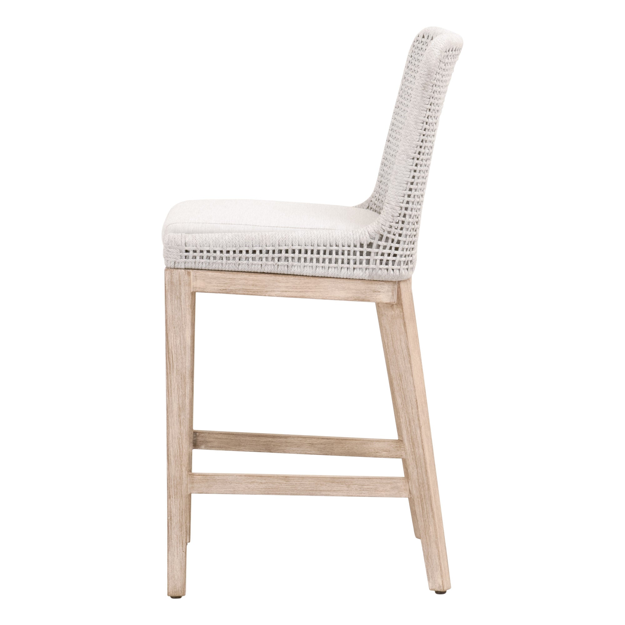 Mesh Counter Stool with white speckle rope back and cushion on natural gray mahogany frame by Essentials For Living