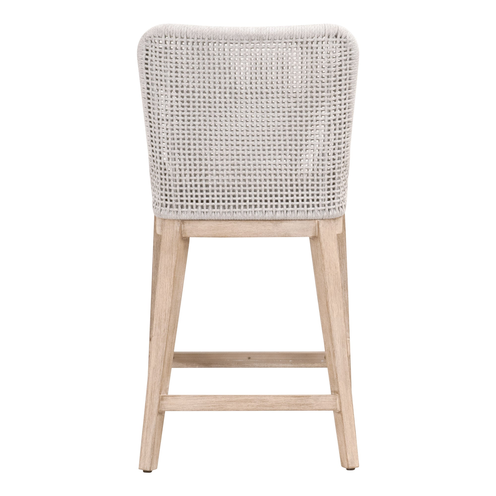 Mesh Counter Stool with handwoven white-speckle rope and mahogany frame, coastal design by Essentials For Living