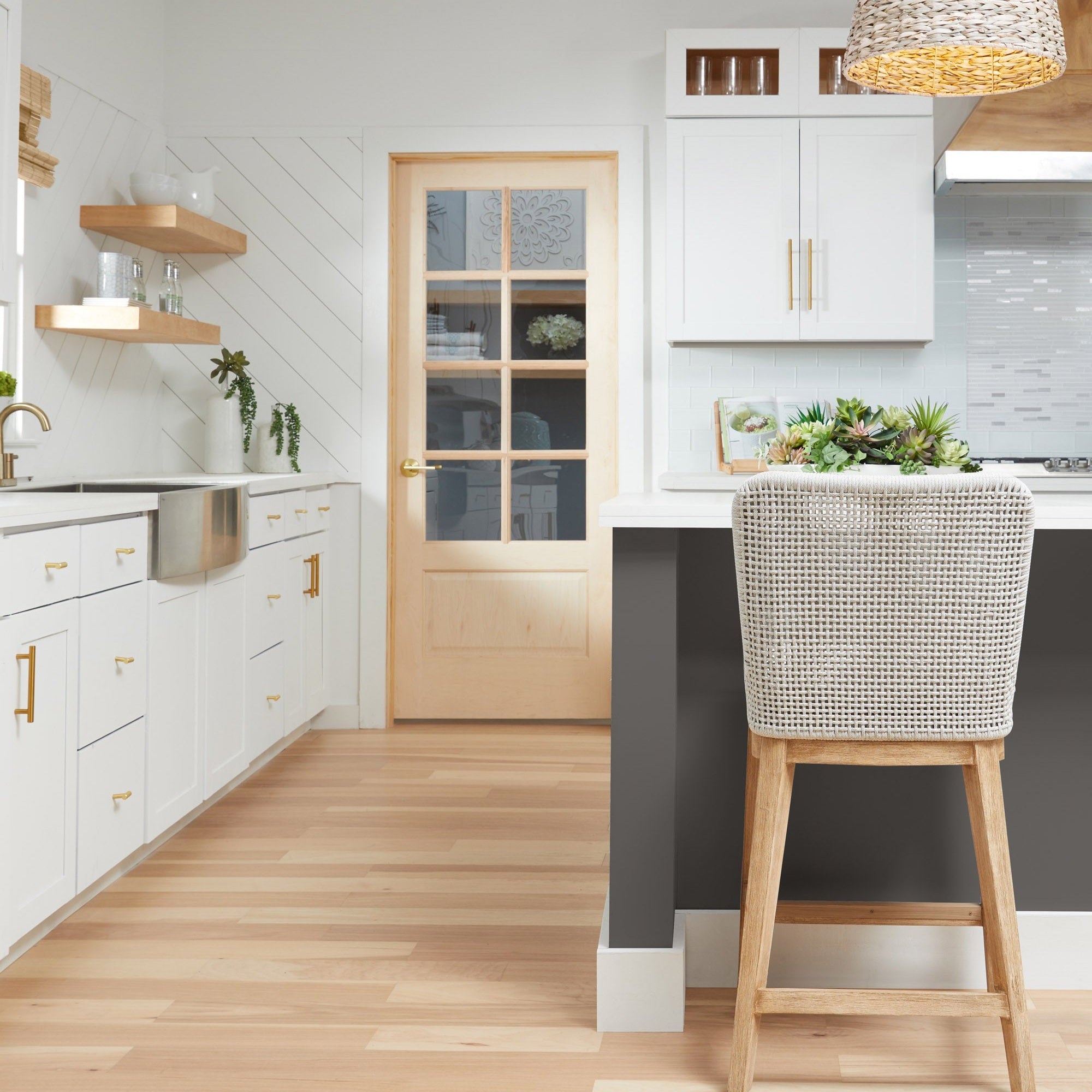 Mesh Counter Stool with white speckle rope and gray mahogany frame in modern kitchen by Essentials For Living
