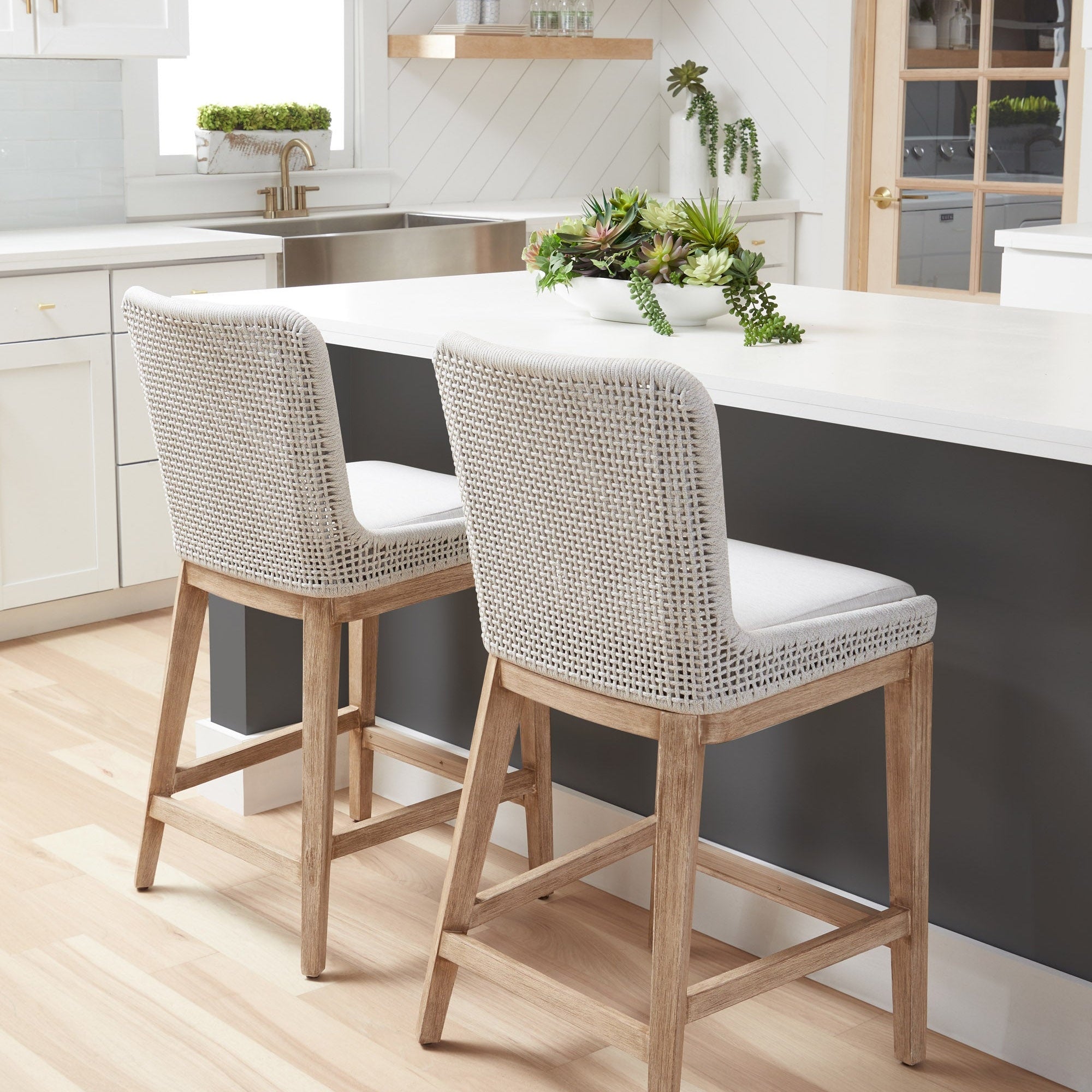Mesh Counter Stool with white speckle rope and mahogany frame in modern kitchen by Essentials For Living