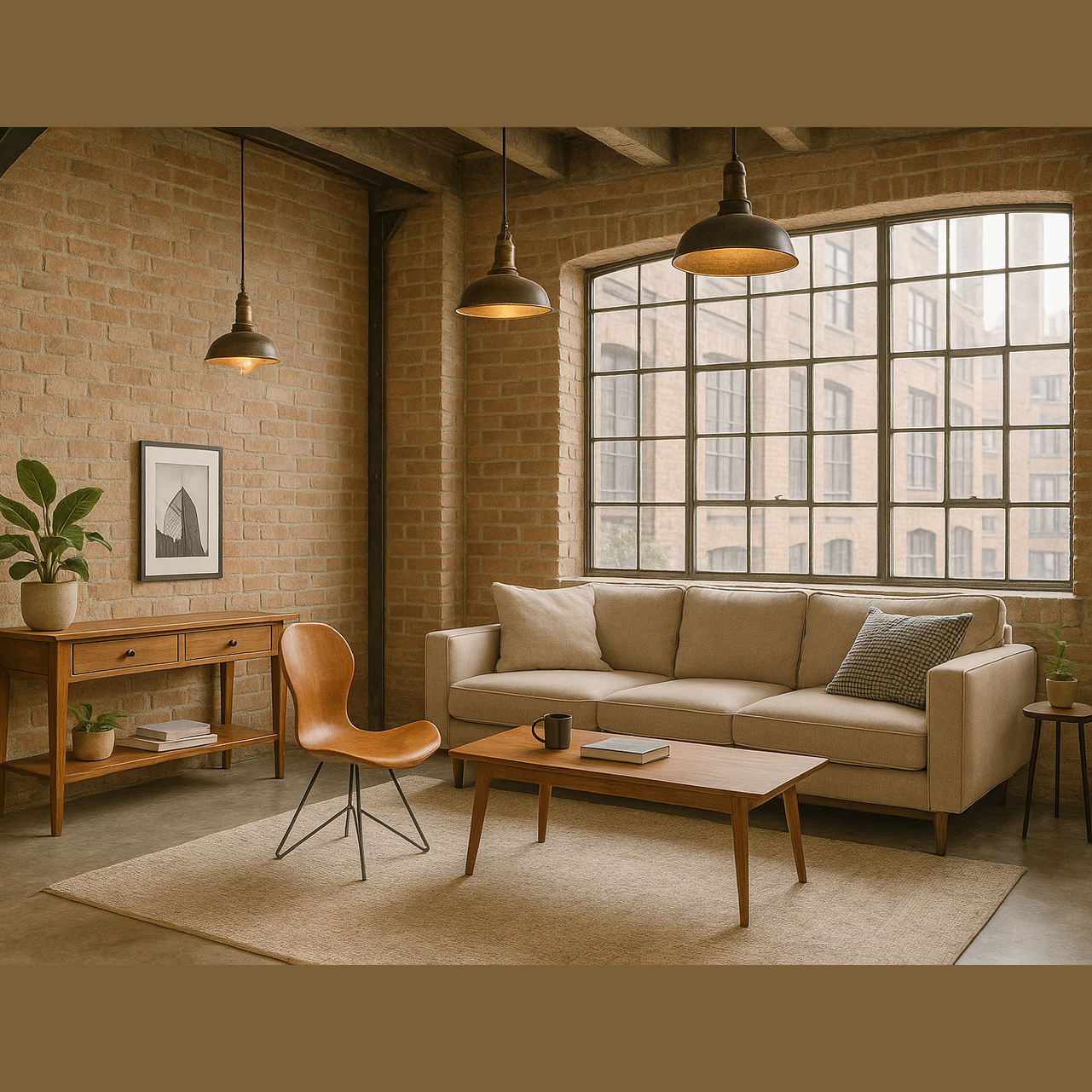 Michigan Leather Chair in cigar leather with matte black iron base in industrial living room setting by GO HOME