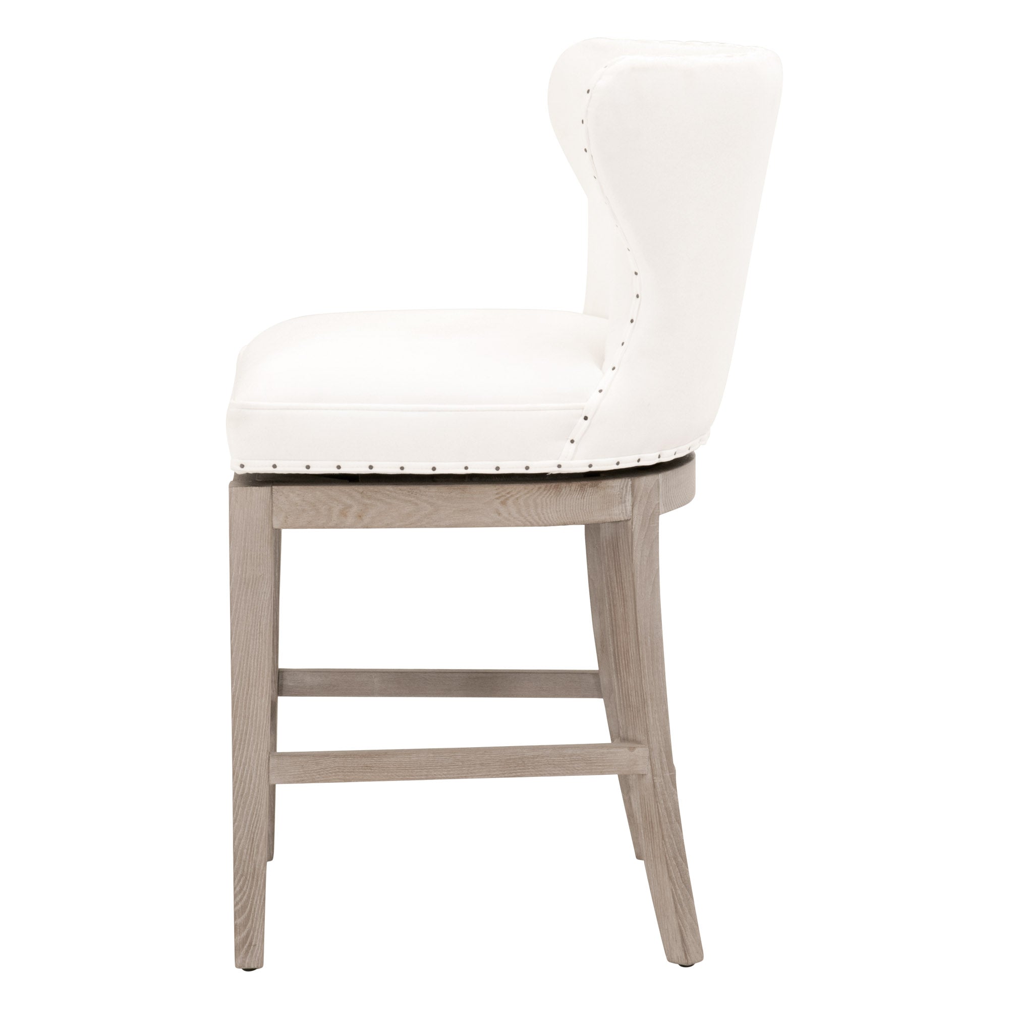 Side view of Milton Swivel Counter Stool with Bisque French Linen upholstery and natural gray ash-wood frame