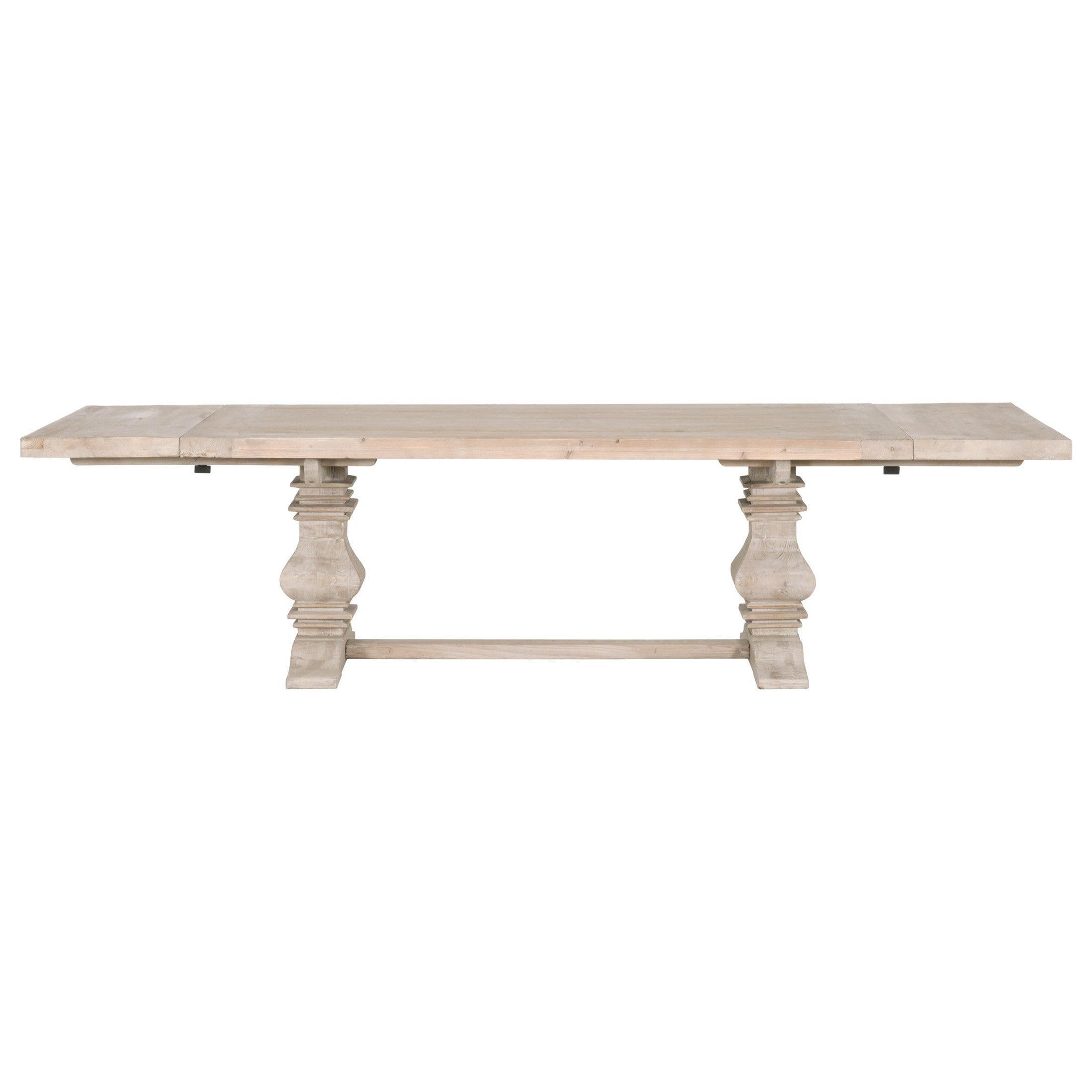 Monastery Extension Dining Table in rustic white finish with trestle base and extendable leaves by Essentials for Living