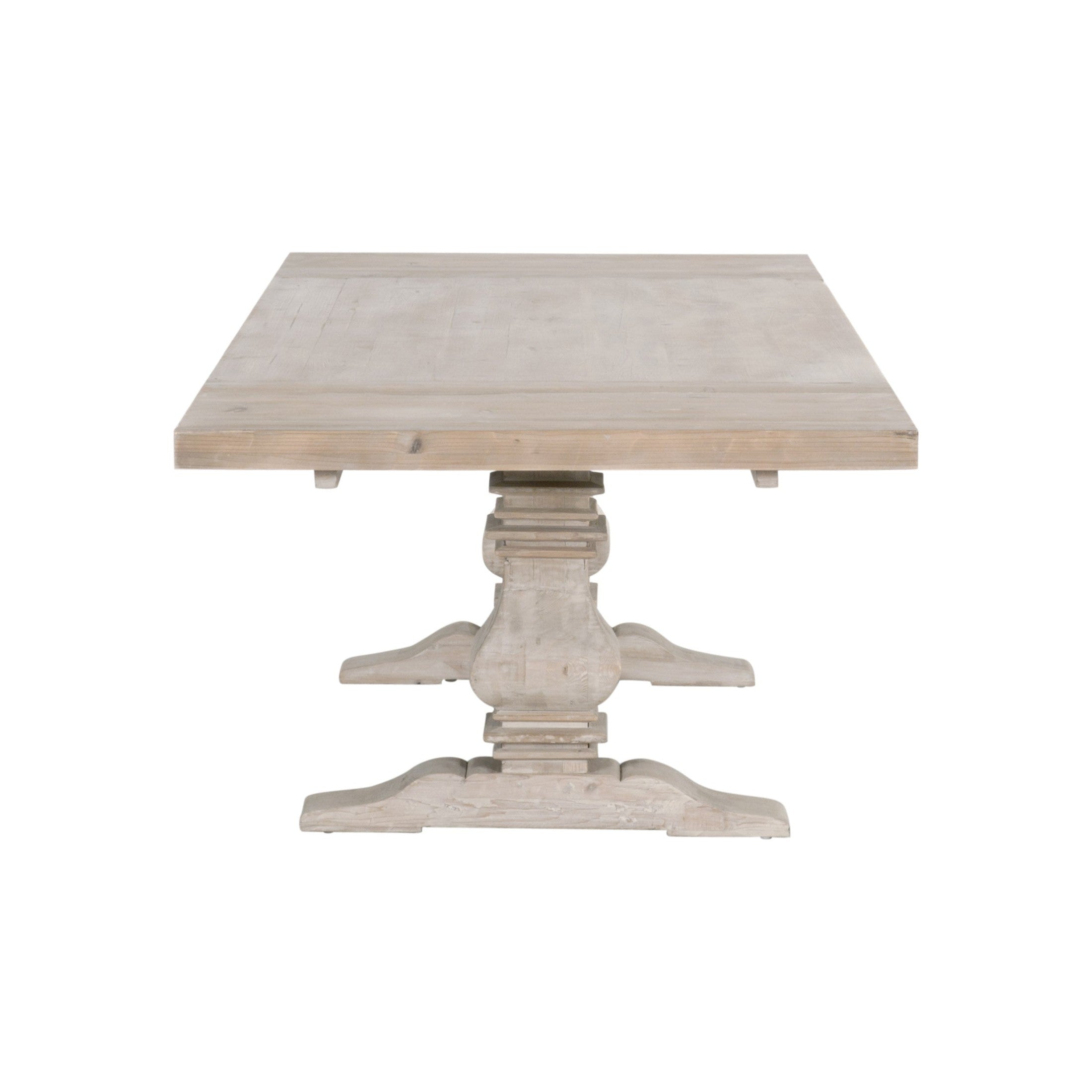 Front view of Monastery Extension Dining Table in reclaimed smoke gray pine with trestle base by Essentials for Living