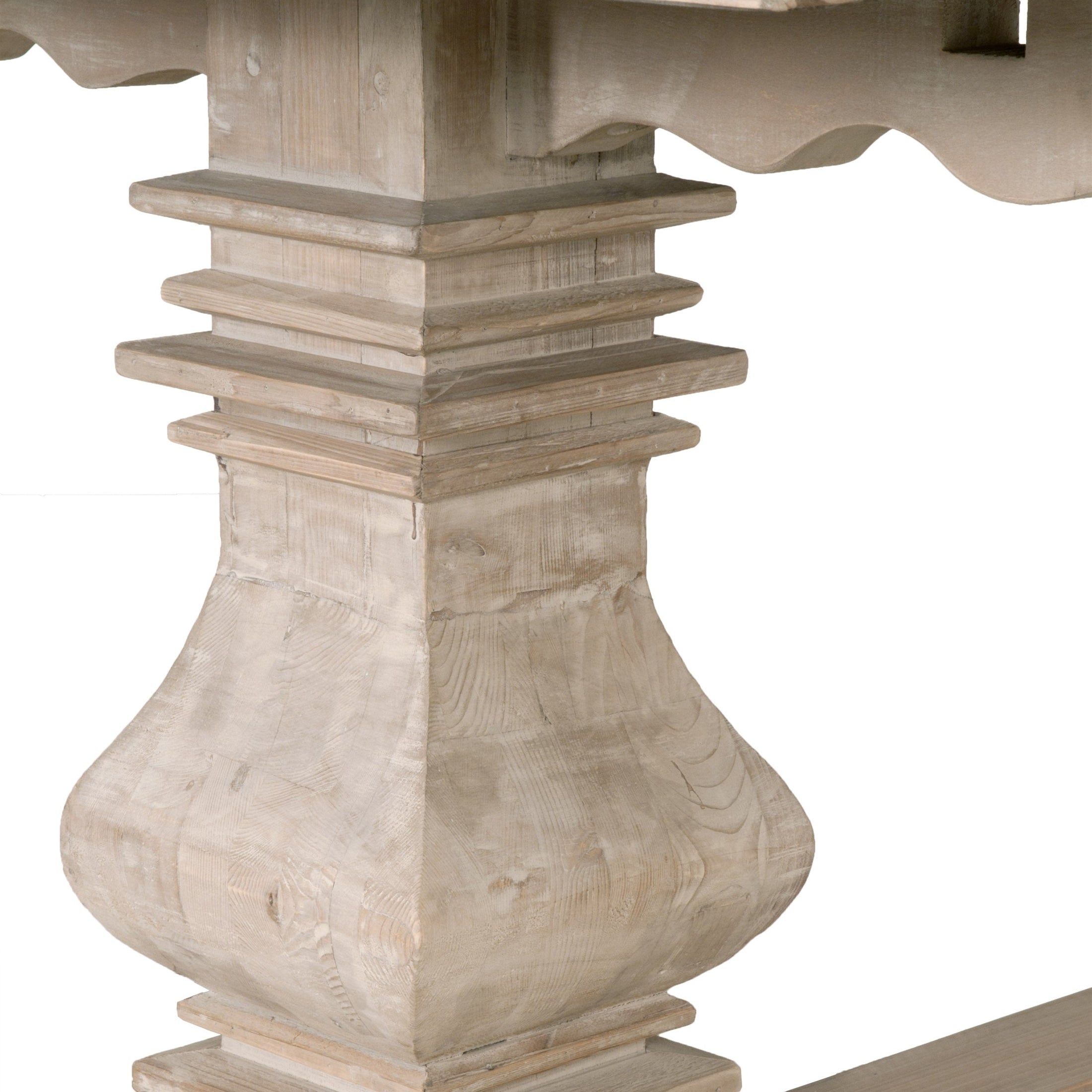 Close-up of Monastery Extension Dining Table's trestle base in reclaimed smoke gray pine by Essentials for Living