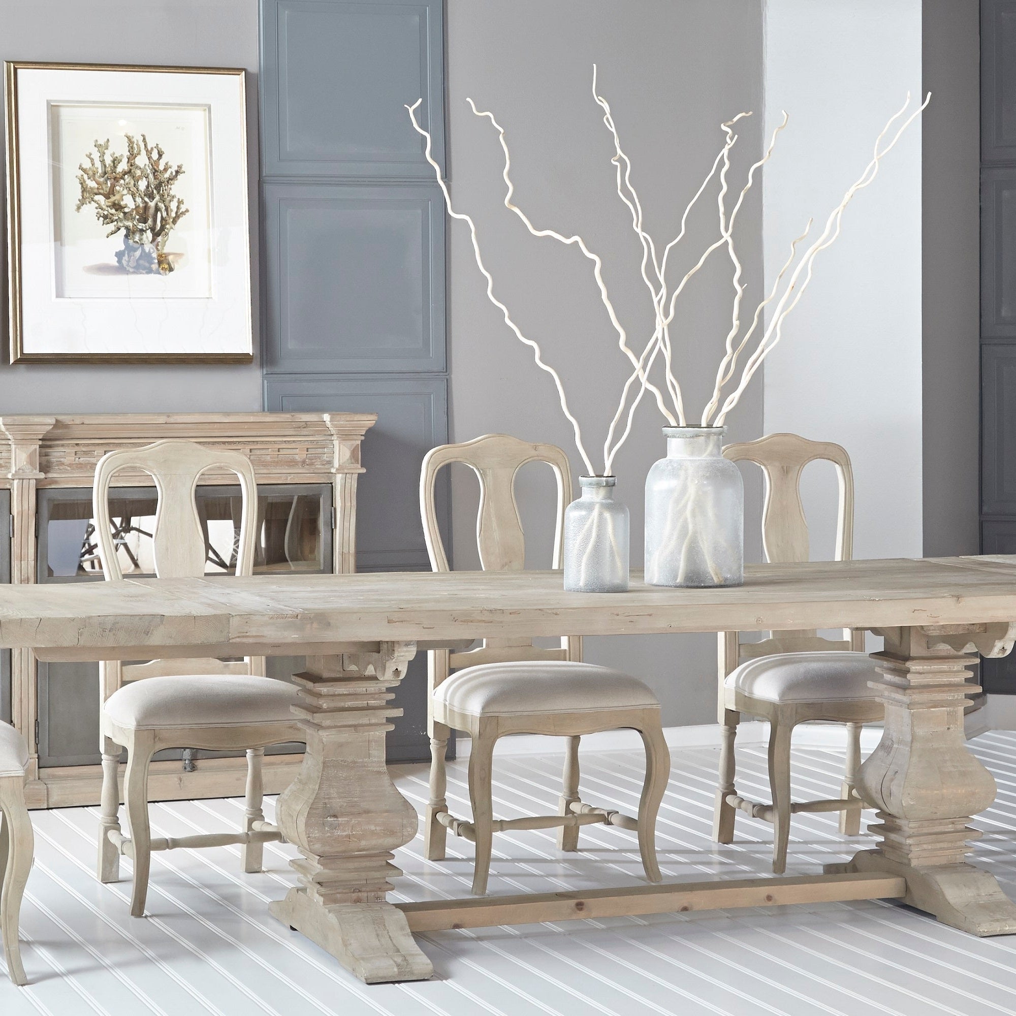 Monastery Extension Dining Table with rustic trestle base and distressed finish in smoke gray by Essentials for Living