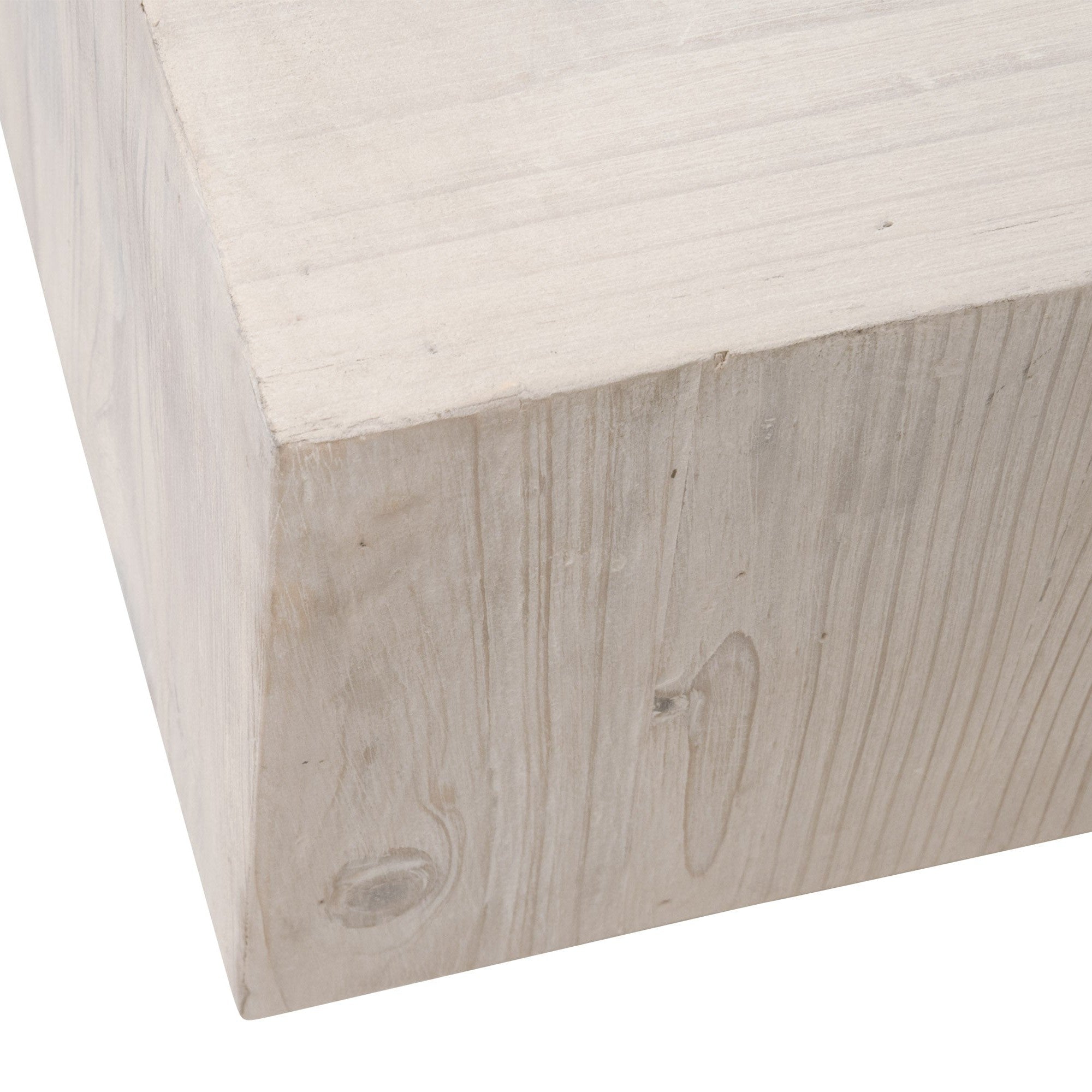 Close-up of Montauk Coffee Table corner in reclaimed white-wash pine wood grain by Essentials for Living