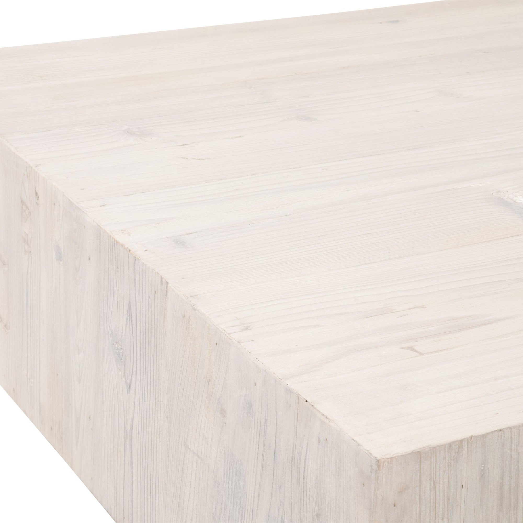 Close-up of reclaimed white-wash pine Montauk Coffee Table with mitered edge by Essentials for Living