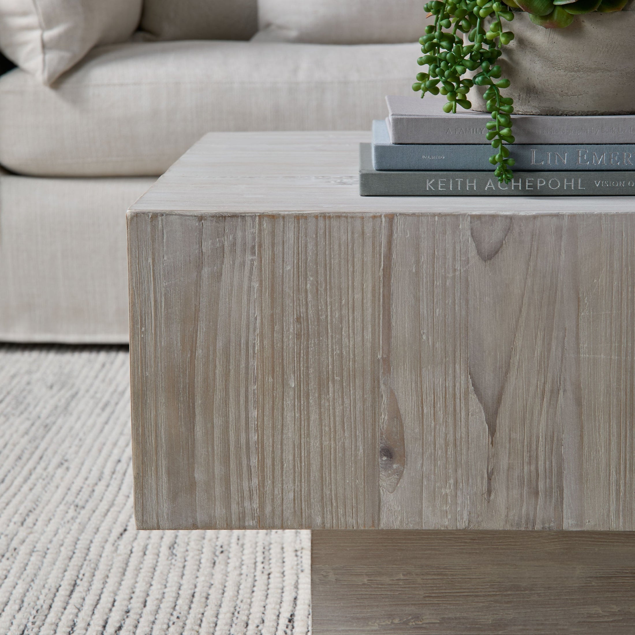 Montauk Coffee Table in reclaimed white-wash pine with mitered edges by Essentials for Living