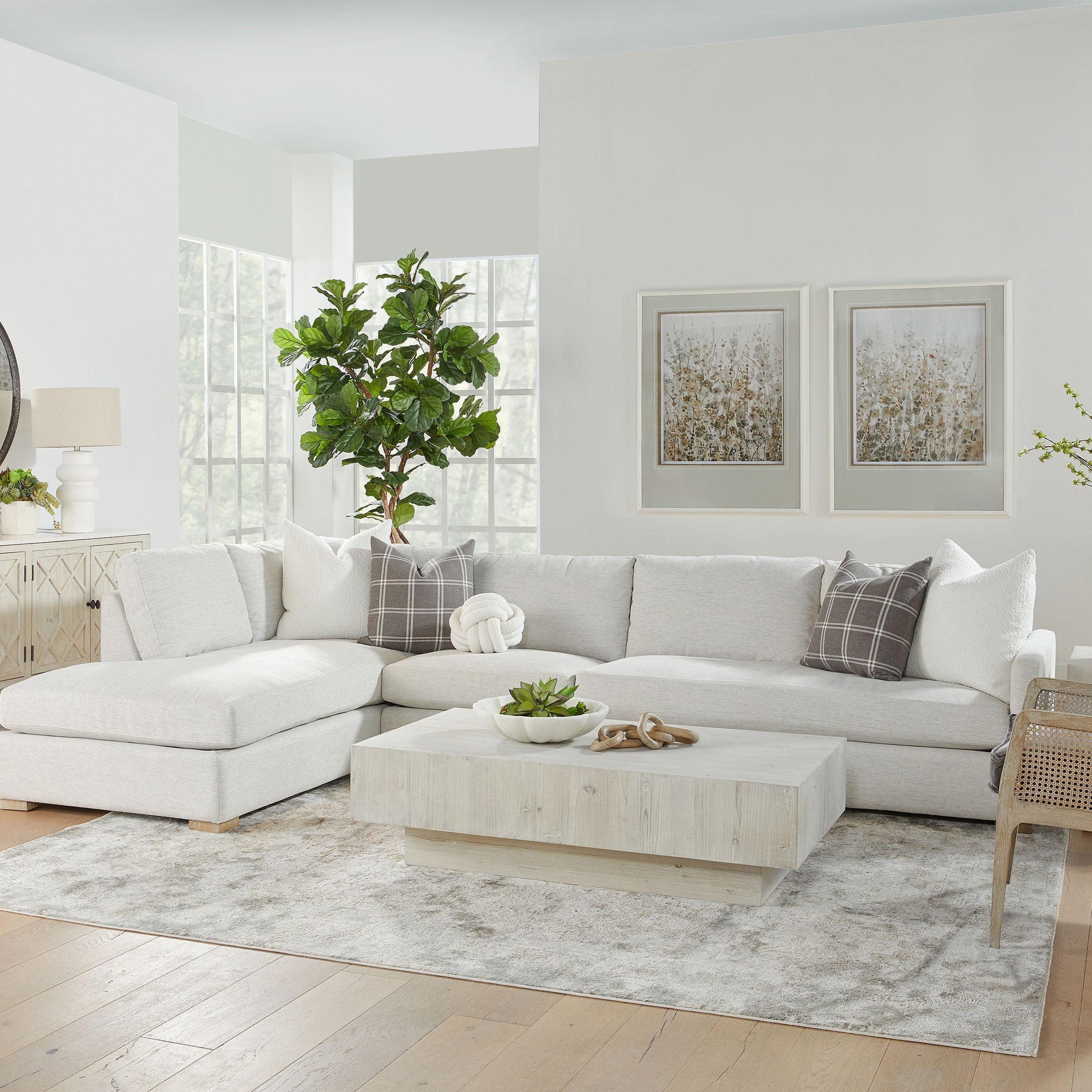 Montauk Coffee Table in reclaimed white-wash pine with mitered edges in a modern living room by Essentials for Living