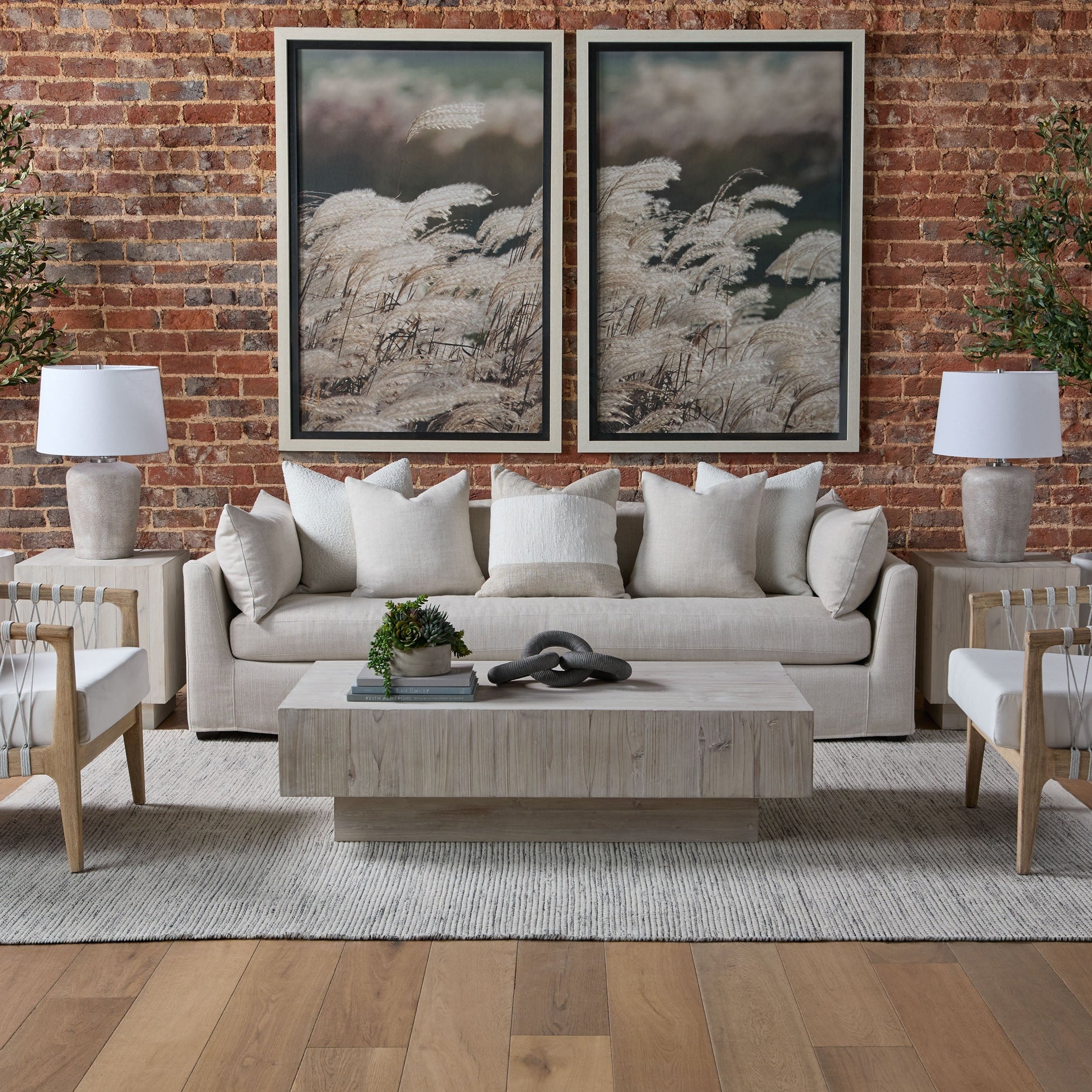 Montauk Coffee Table in reclaimed white-wash pine with mitered edge, styled in modern living room by Essentials for Living