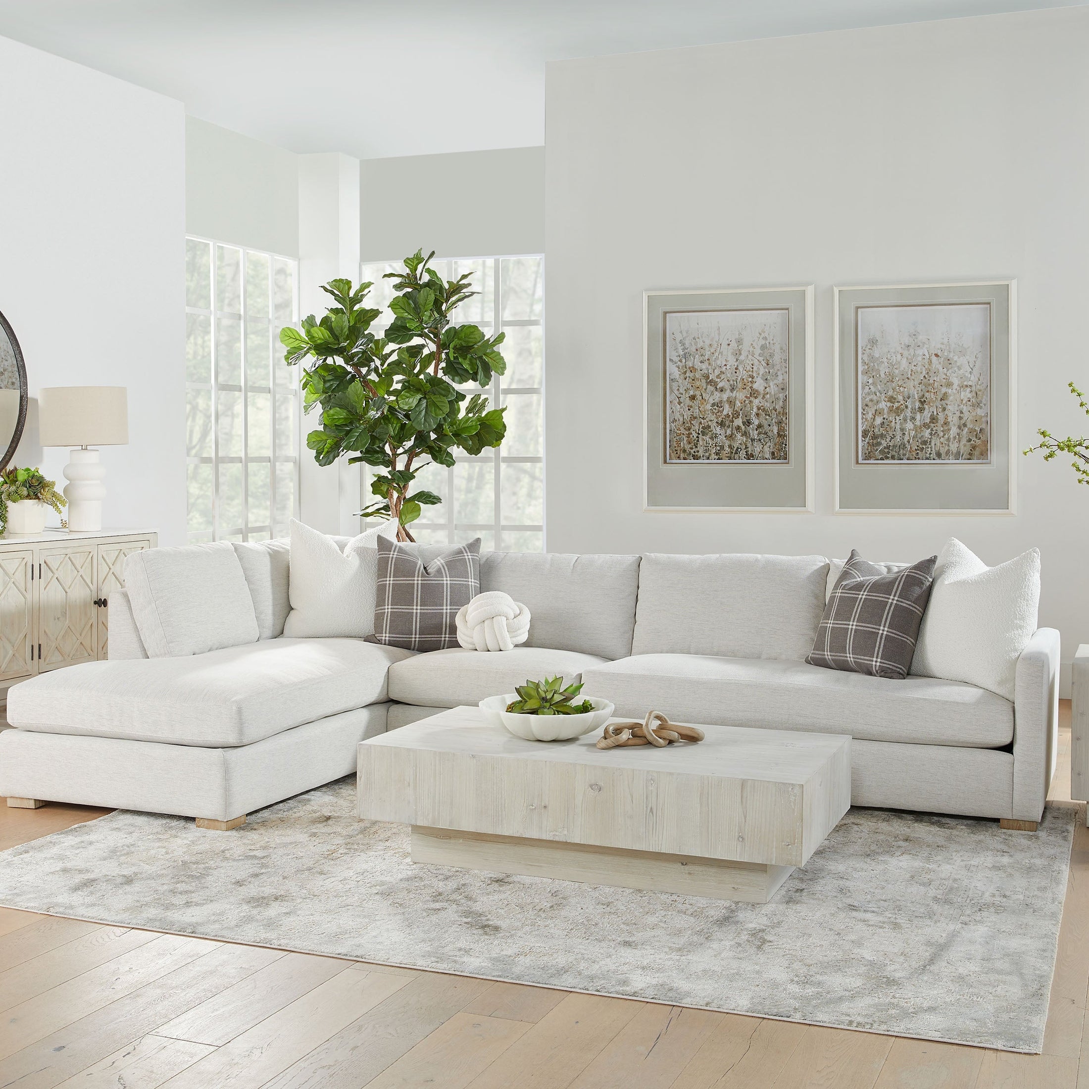 Montauk End Table in reclaimed white-wash pine with modern design in a bright living room by Essentials for Living