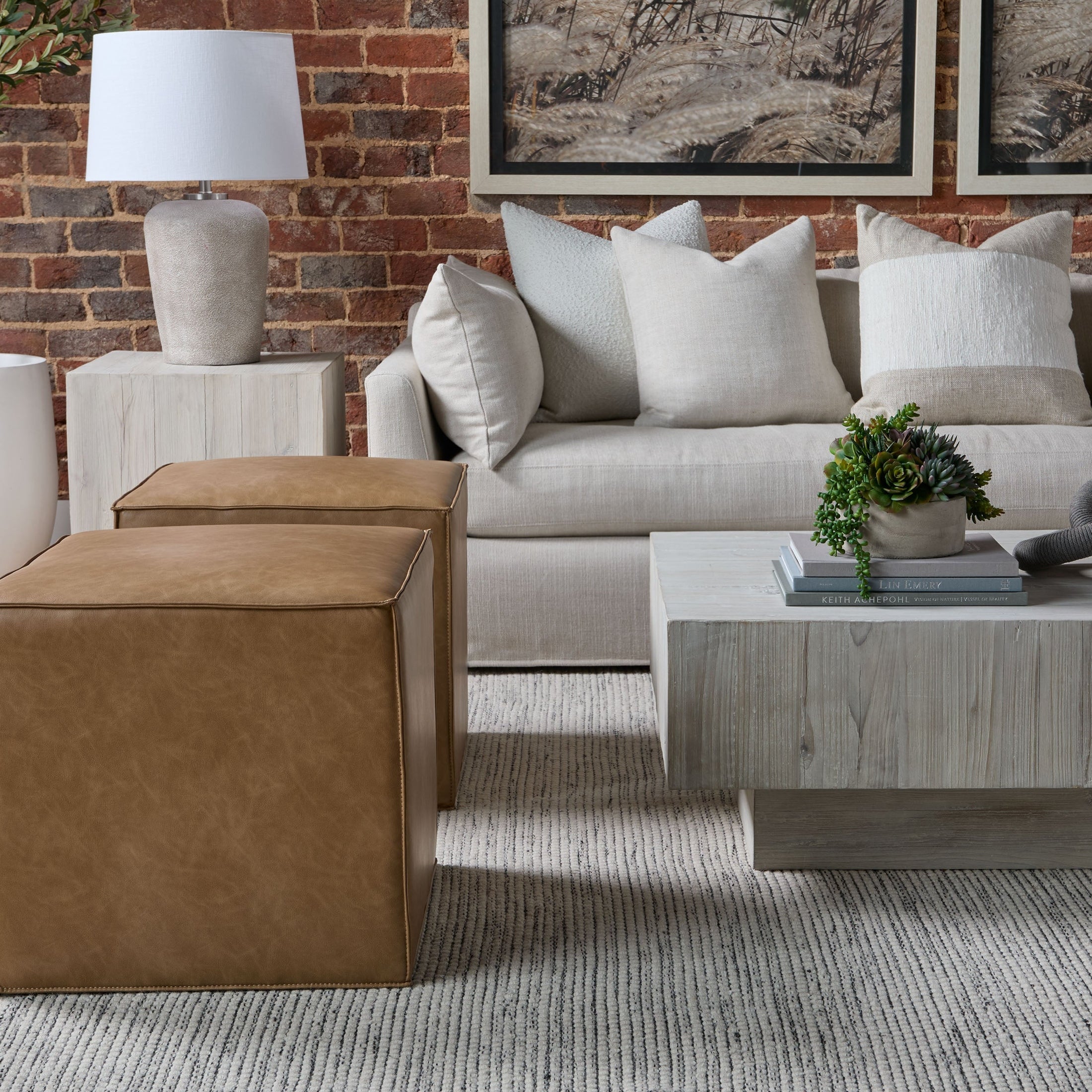 Montauk End Table in reclaimed white-wash pine with clean square design beside sofa Essentials for Living